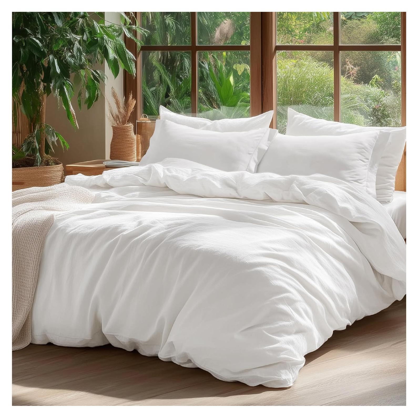 Funda de Edredón Queen Bedsure Algodón Lavado Blanco Natural