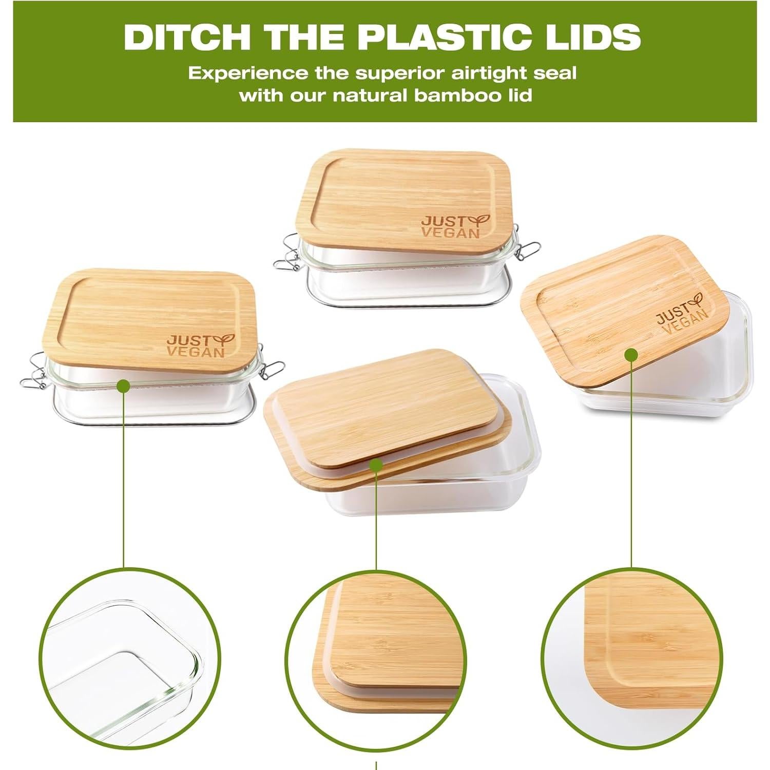 Set de 4 Contenedores de Vidrio Hermético JUST VEGAN 1L