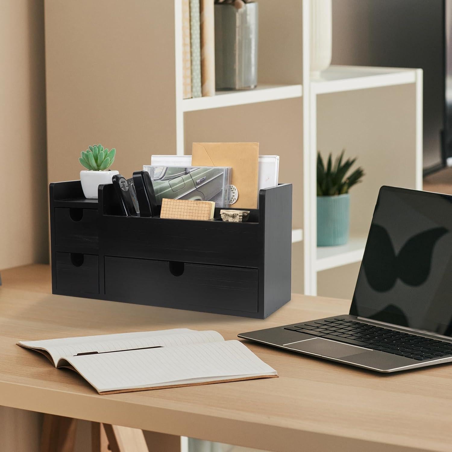 Organizador de Escritorio de Madera ExoLiry Negro 8 Compartimentos