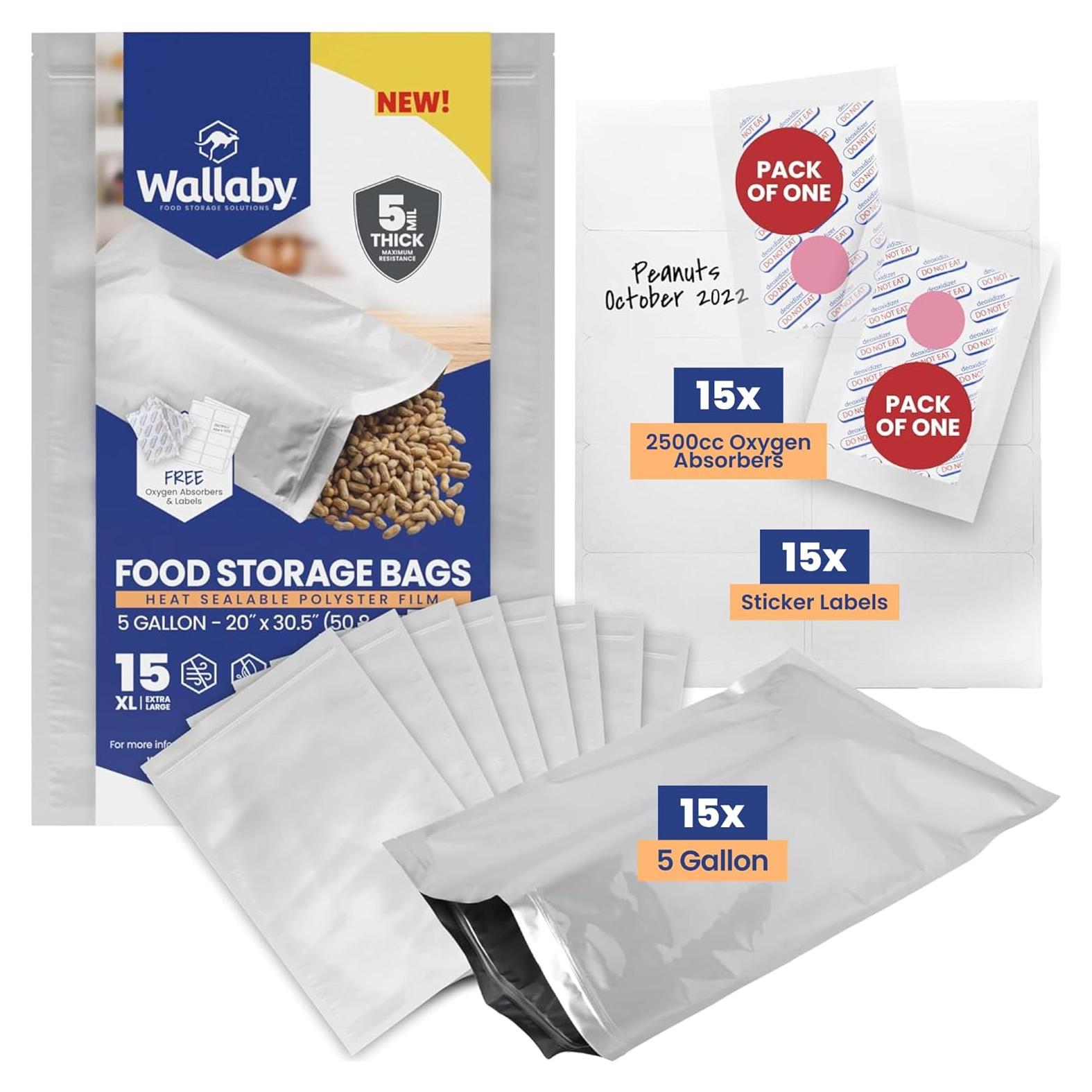 Bolsas Mylar 5 Galones Wallaby - 15 Paquete con Absorbentes