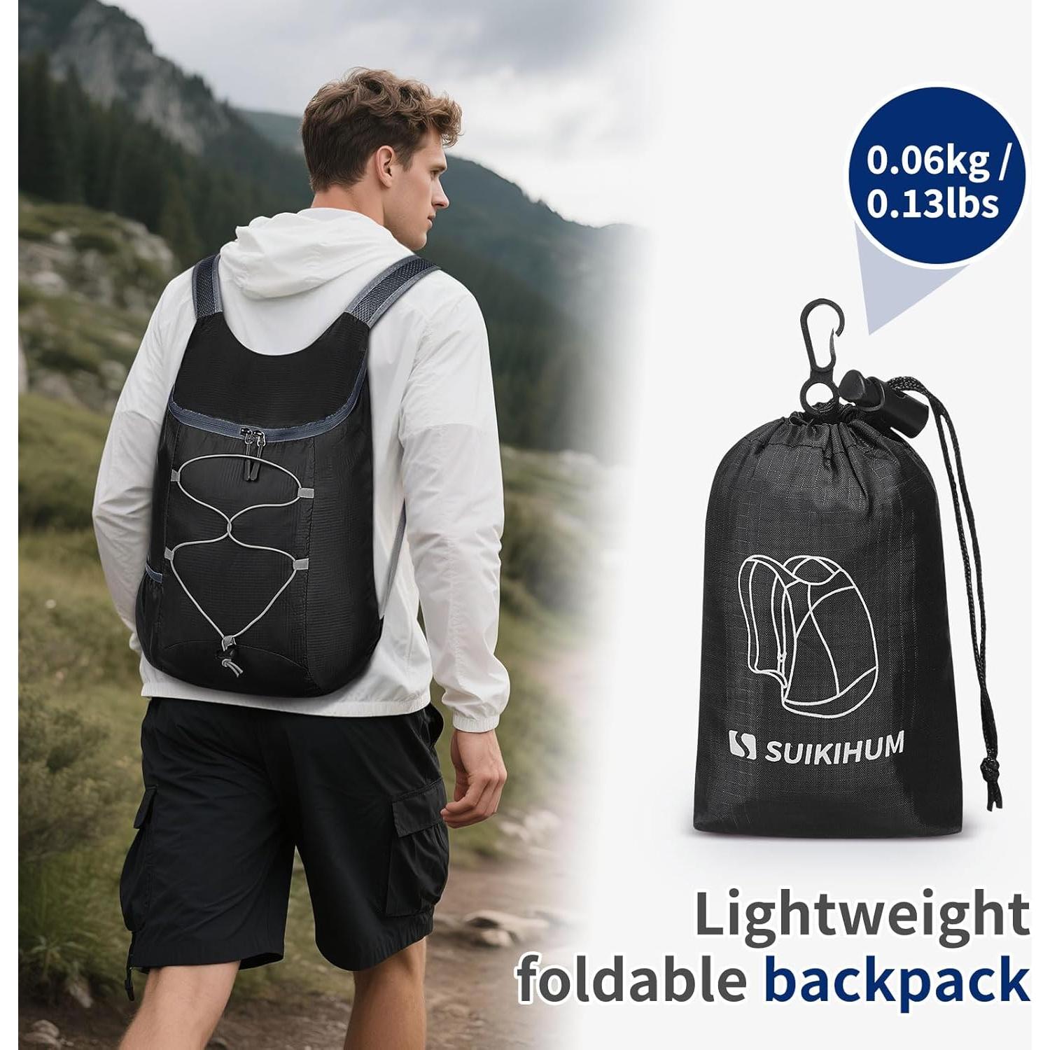 Mochila de Senderismo Plegable 20L SUIKIHUM Negra Ligera