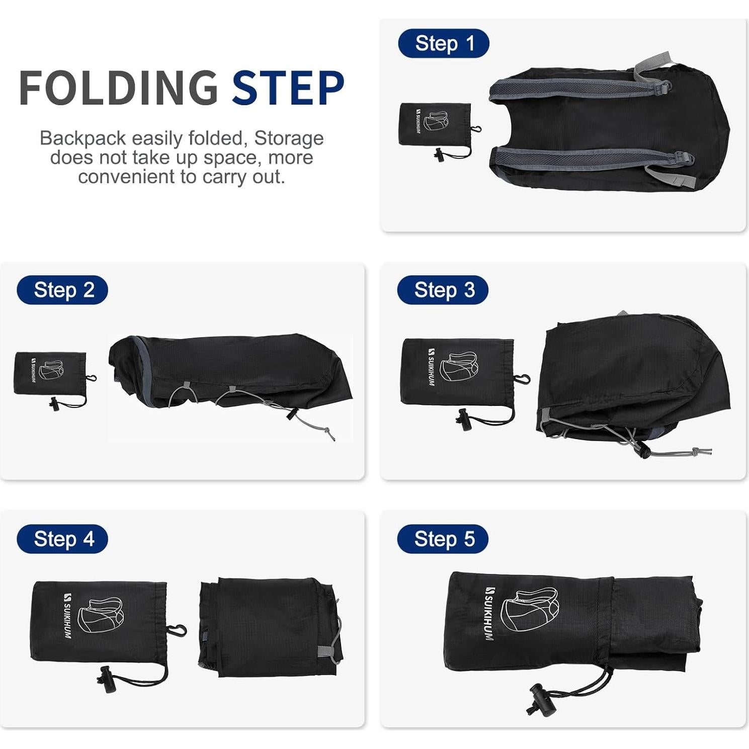 Mochila de Senderismo Plegable 20L SUIKIHUM Negra Ligera