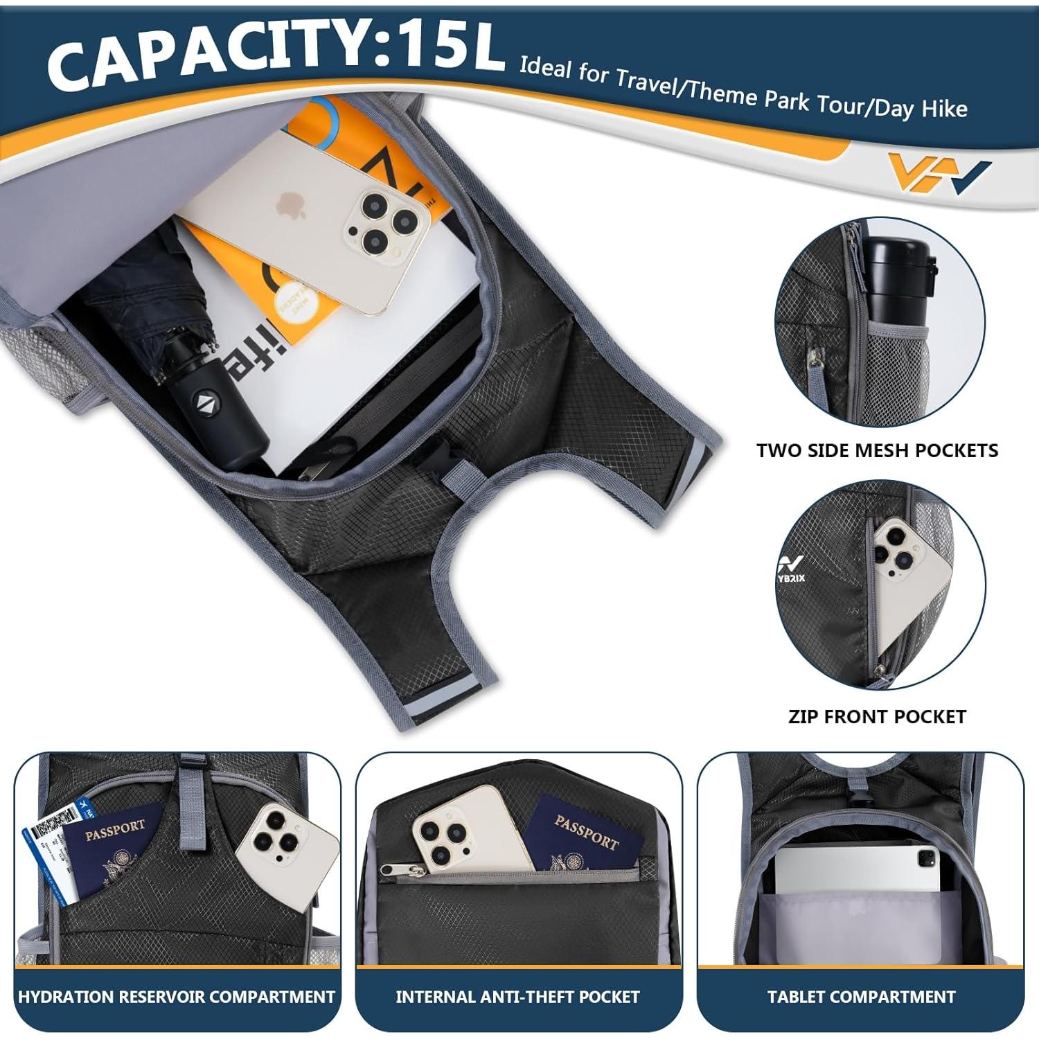 Mochila de Senderismo Plegable VHYBRIX 15L Impermeable Negra