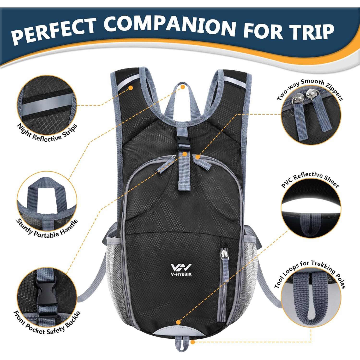Mochila de Senderismo Plegable VHYBRIX 15L Impermeable Negra