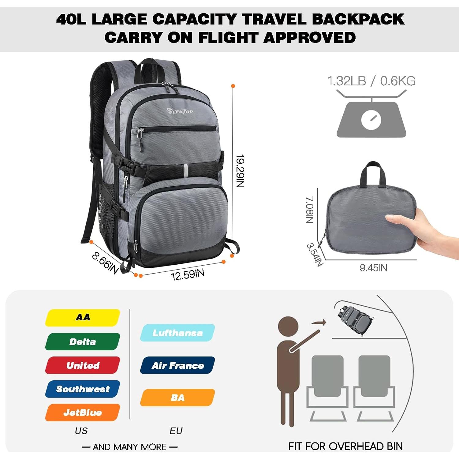 Mochila de viaje ligera Seektop 40L unisex plegable gris