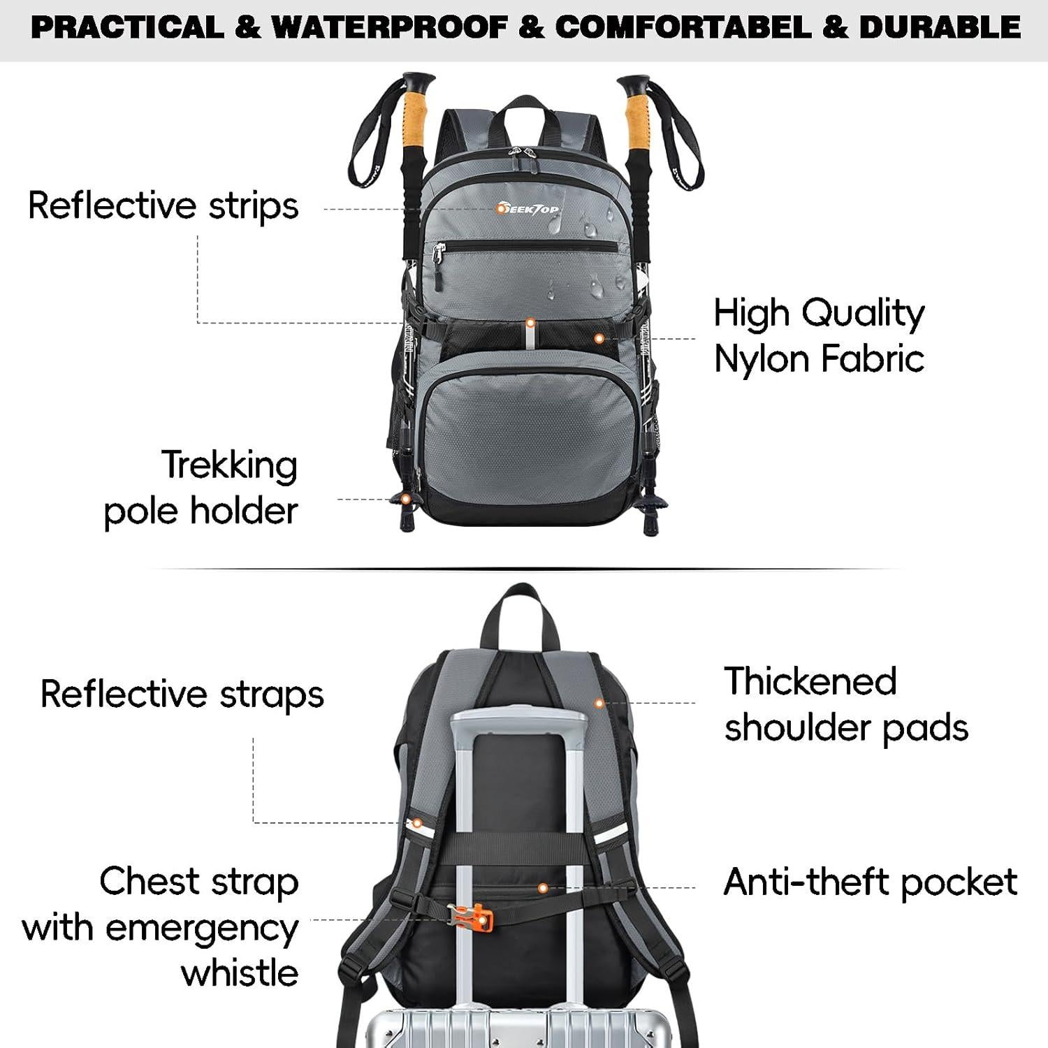 Mochila de viaje ligera Seektop 40L unisex plegable gris