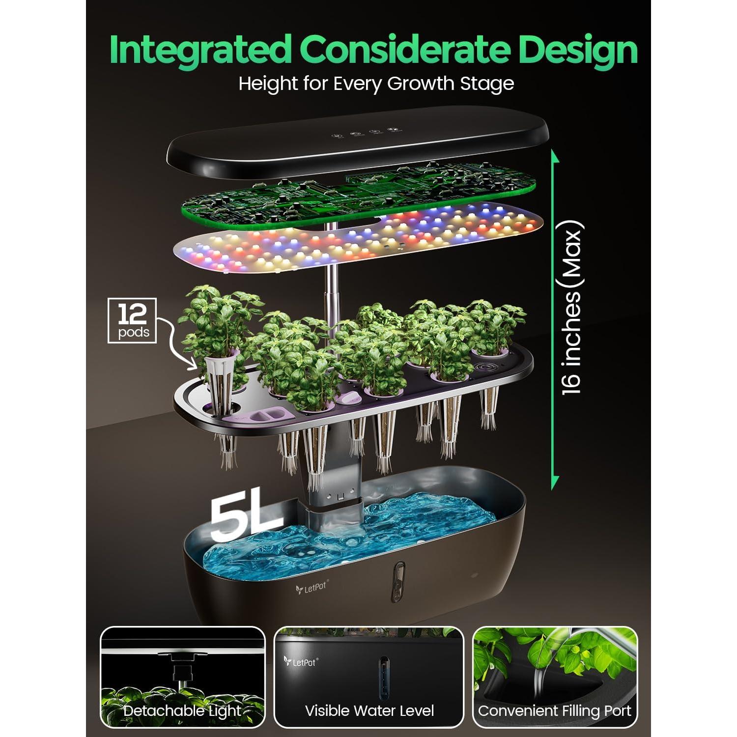 Kit Hidropónico LETPOT Classic 12 Cápsulas, Luz LED 24W