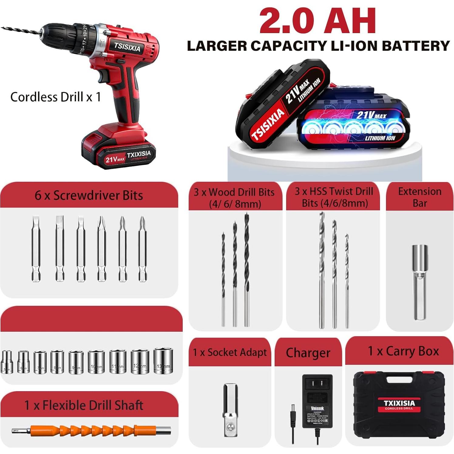 Taladro Inalámbrico Tsisixia 21V 45N.m con Accesorios