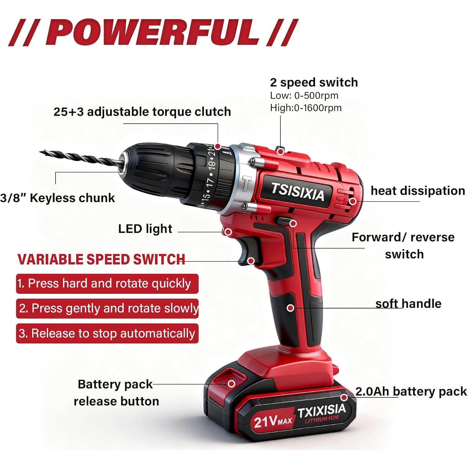 Taladro Inalámbrico Tsisixia 21V 45N.m con Accesorios