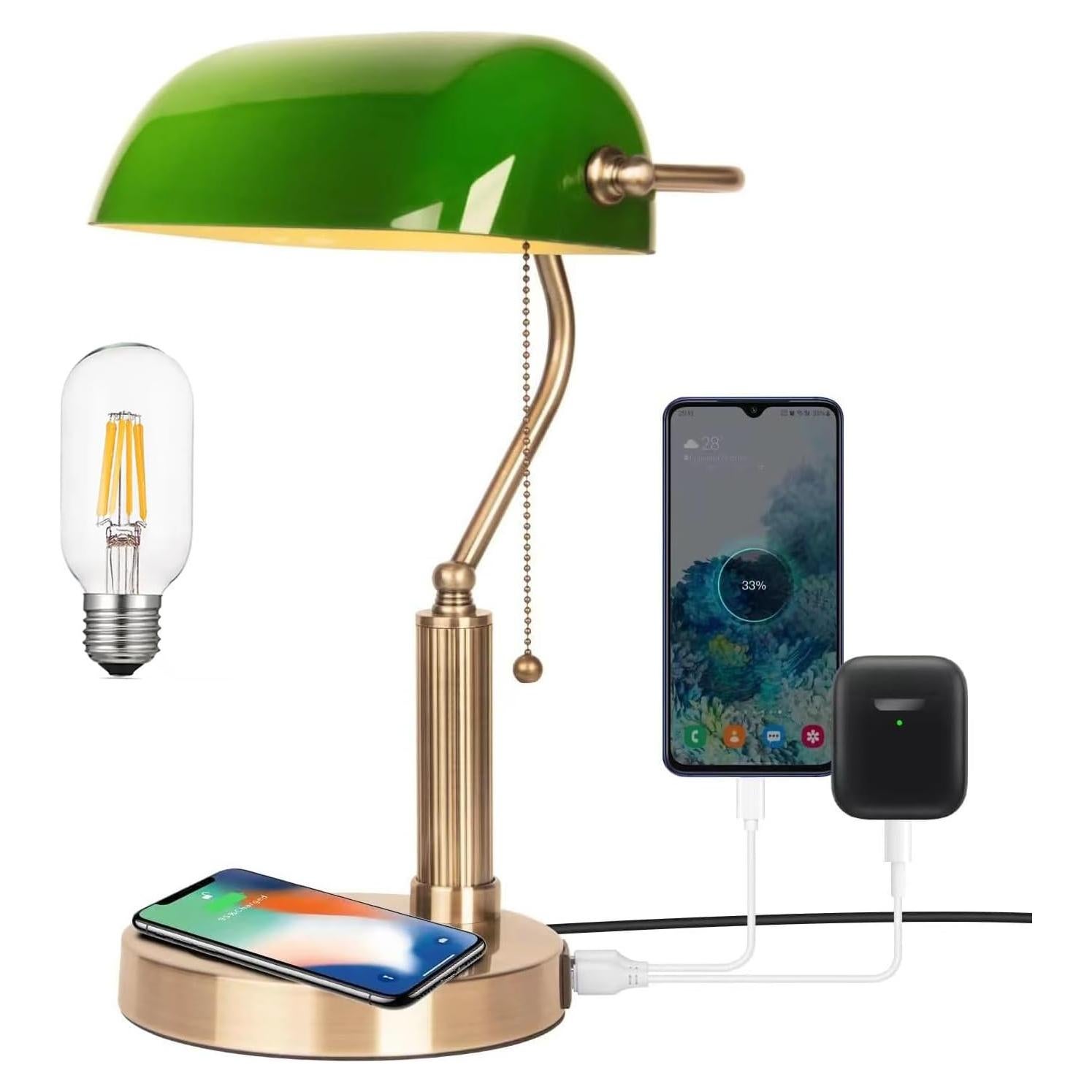 Lámpara de Escritorio FIRVRE Verde Vintage con Cargador Inalámbrico