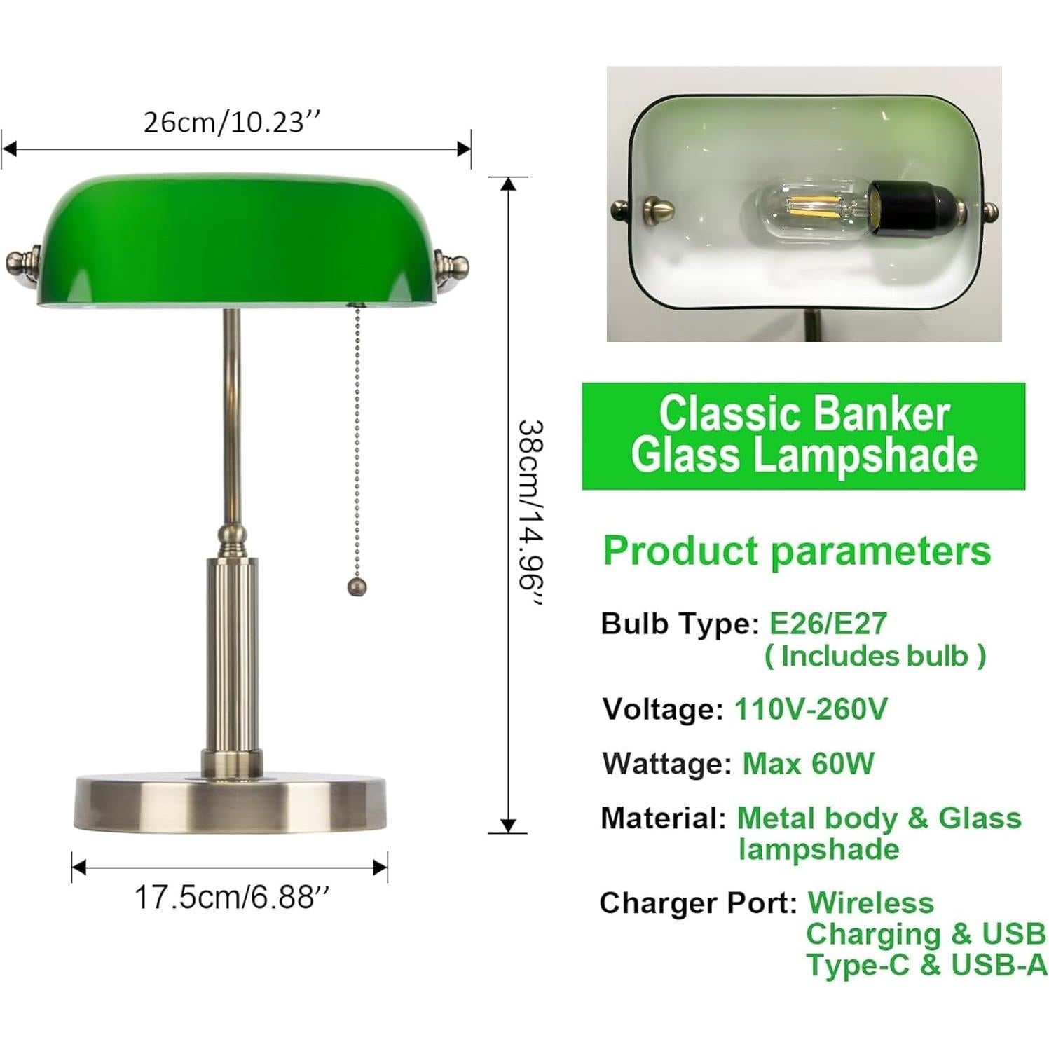 Lámpara de Escritorio FIRVRE Verde Vintage con Cargador Inalámbrico