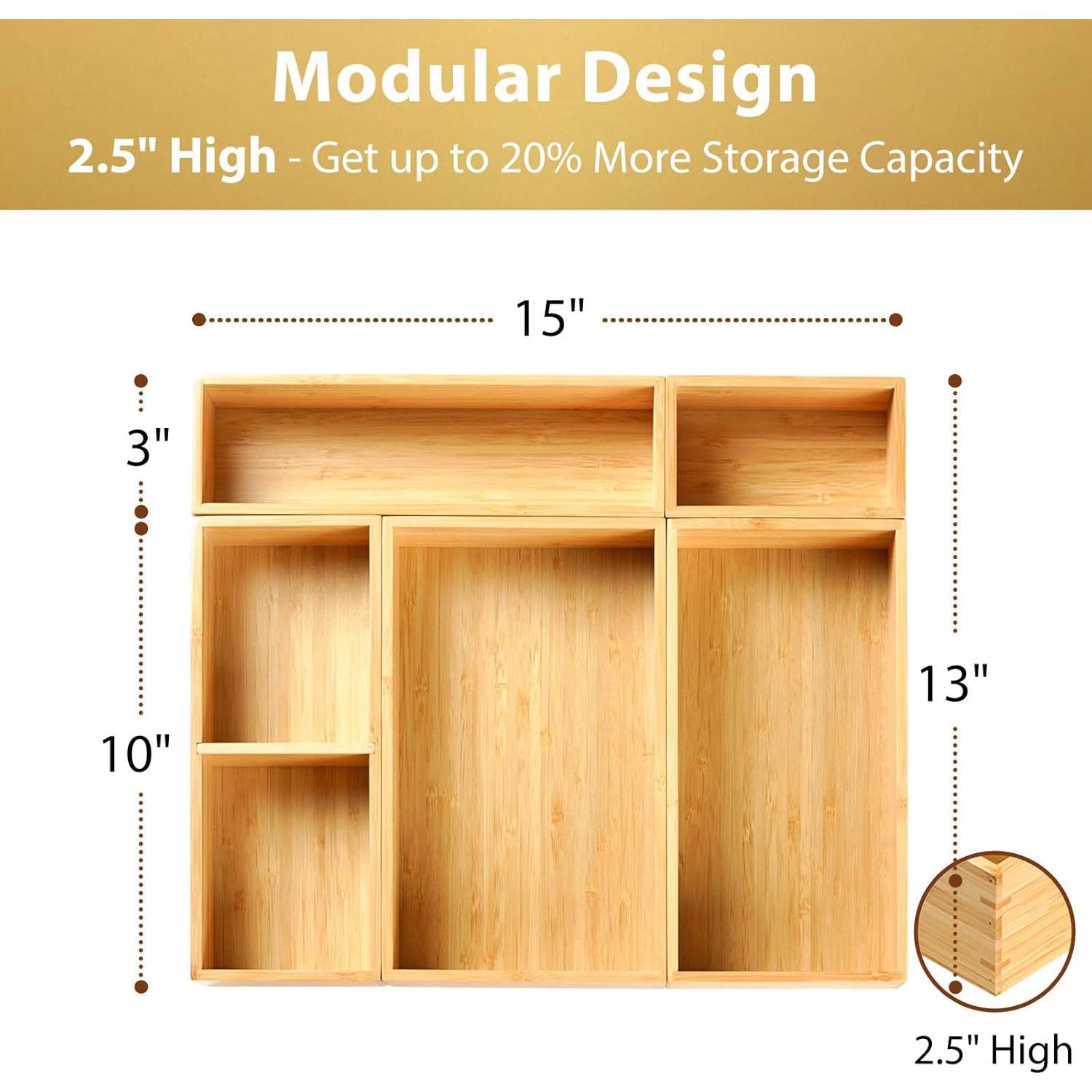 Cajas Organizadoras Umilife de Bambú - Juego de 5, 6.35 cm Altas