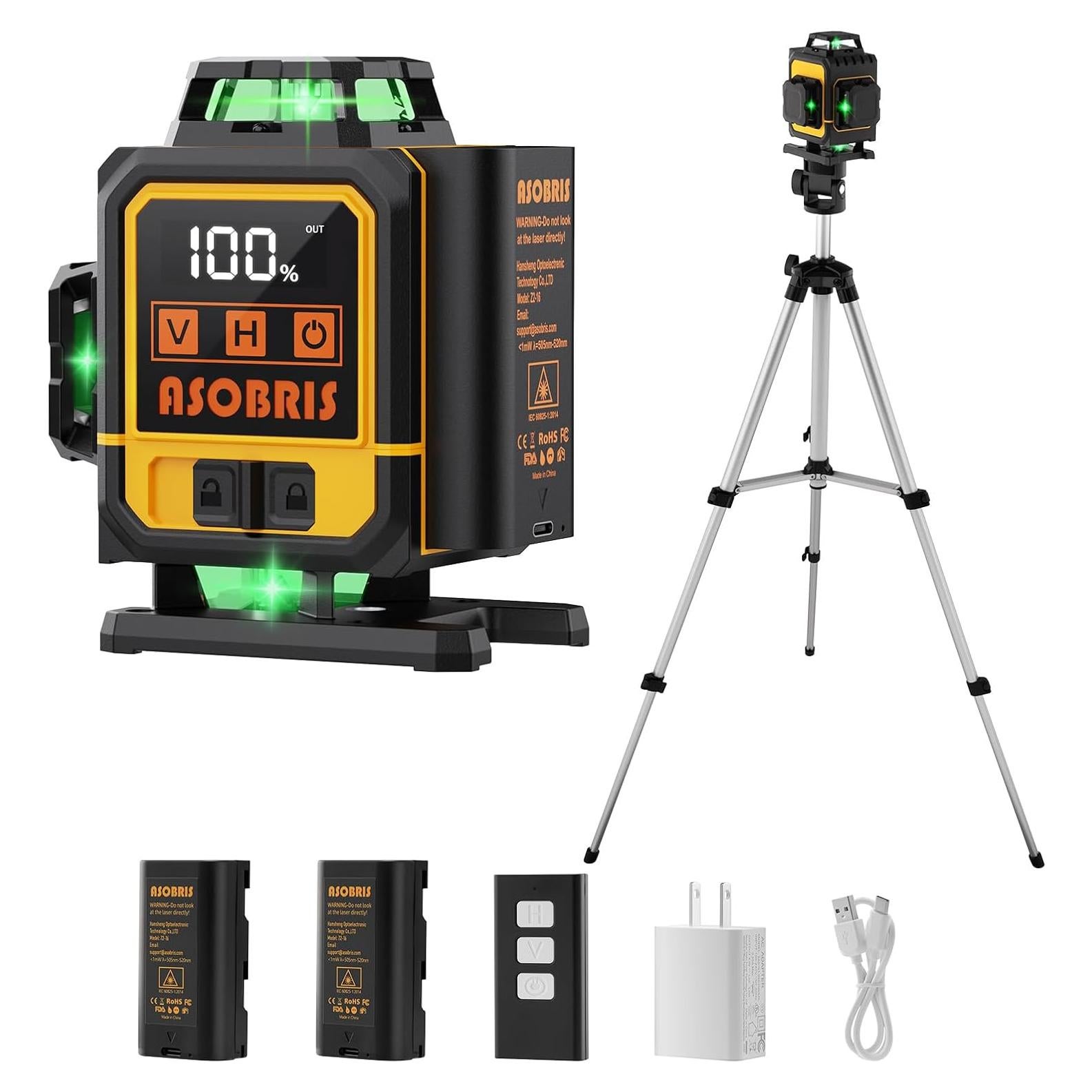 Nivel Láser 4D Autonivelante ASOBRIS con Trípode y Control Remoto