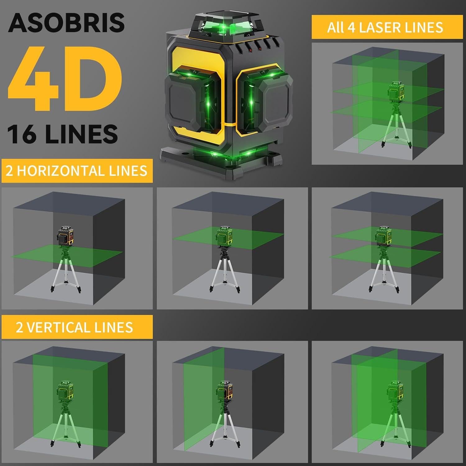 Nivel Láser 4D Autonivelante ASOBRIS con Trípode y Control Remoto