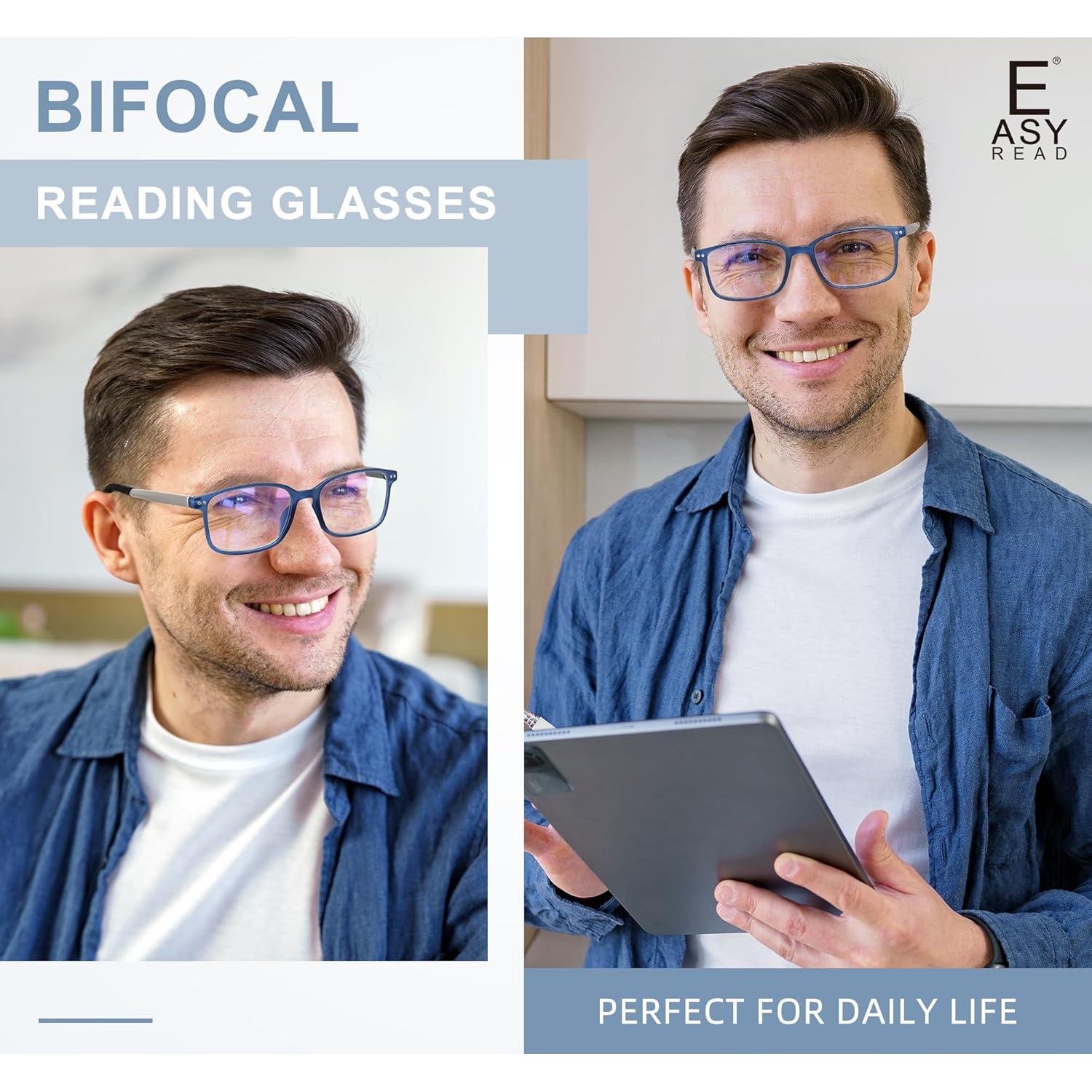 EASY READ 2 Pairs TR90 Bifocal Reading Glasses for Men,Rectangular Sport Blue Light Blocking Readers with Spring Hinge