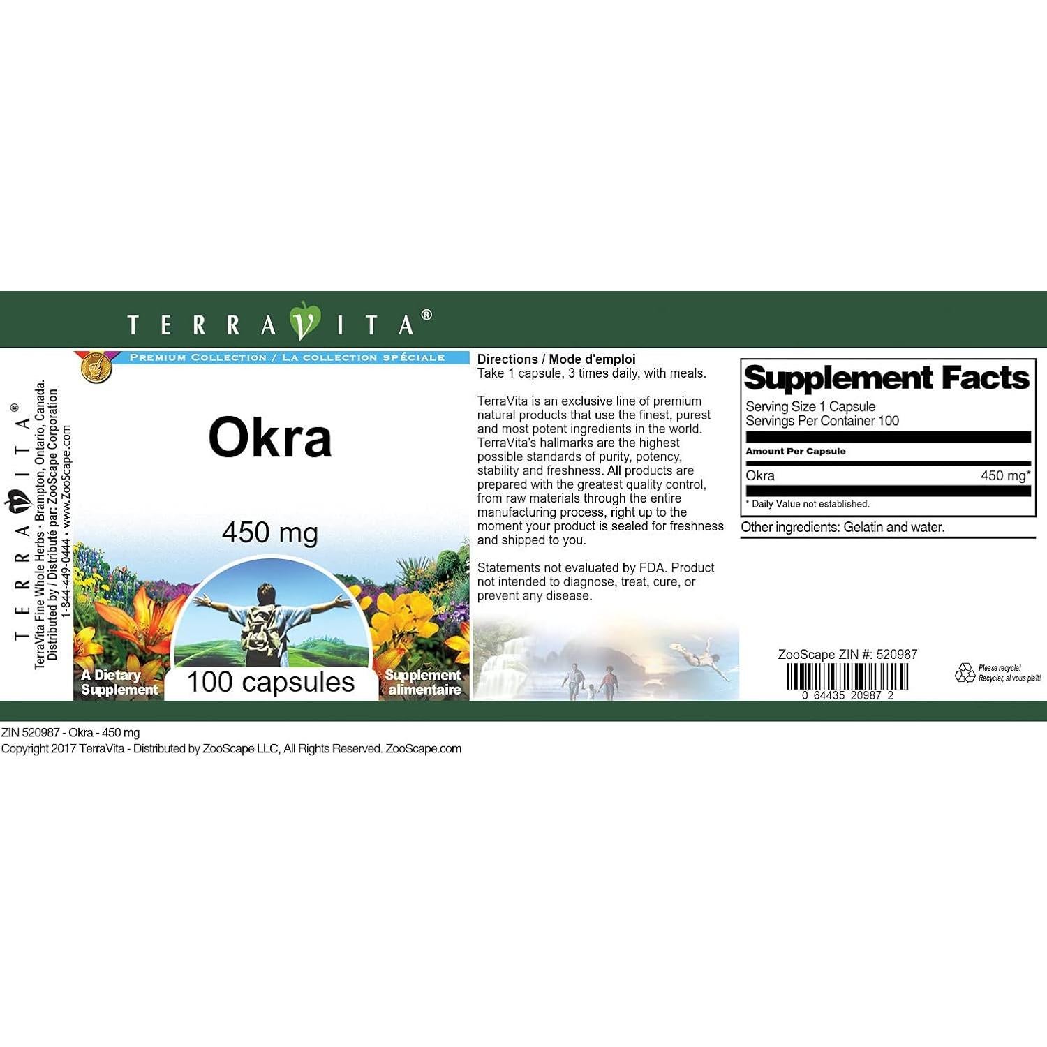 Okra 450 mg TerraVita 300 Cápsulas Sin Rellenos