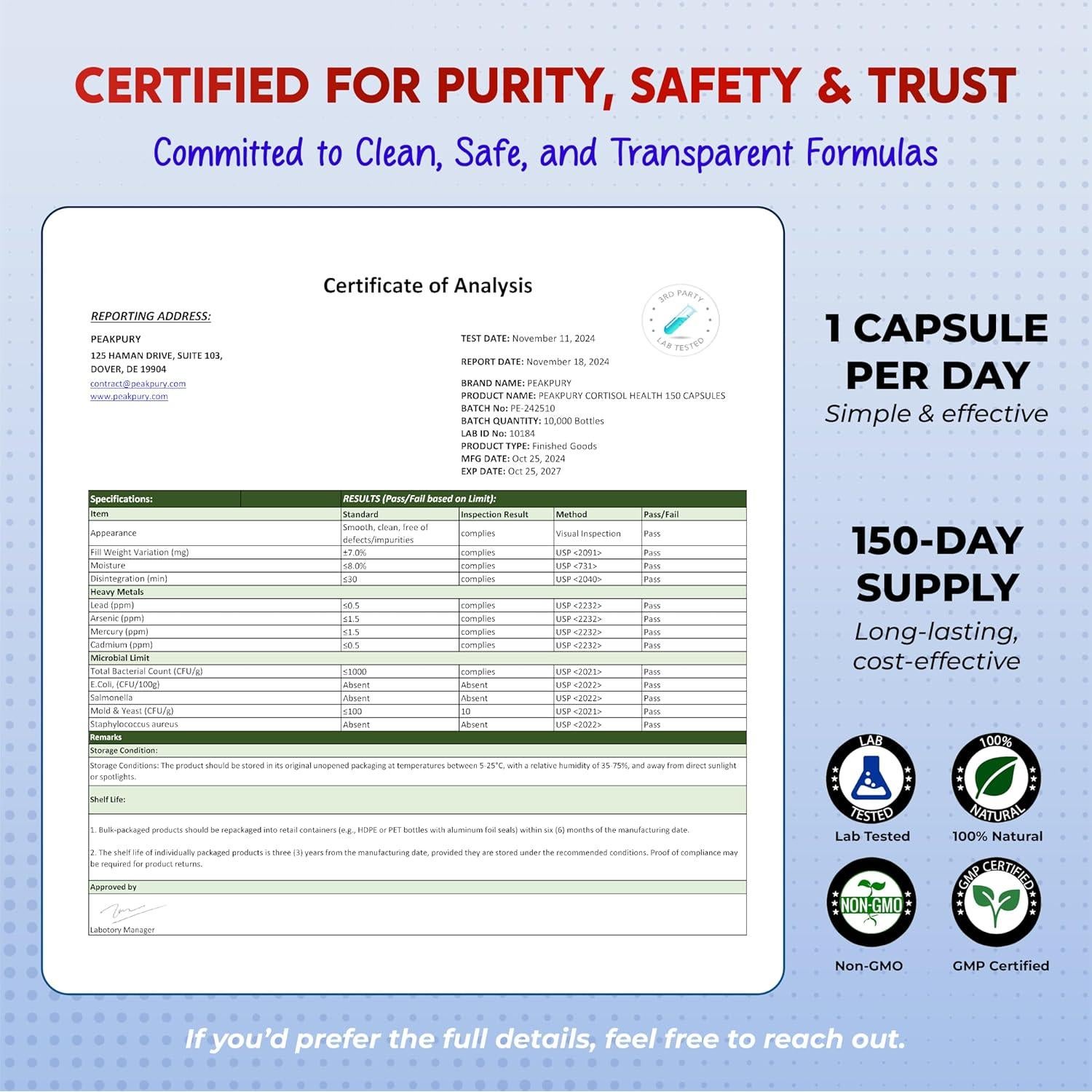 Suplemento PeakPury Cortisol Salud 150 Cápsulas - Magnesio, Ashwagandha, L-Teanina