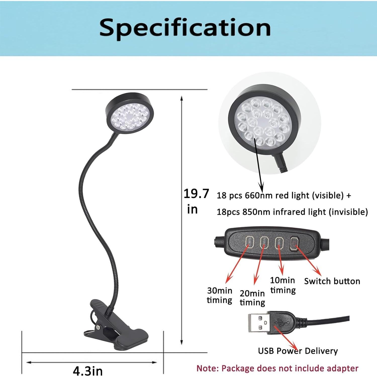 Lámpara Terapia Luz Roja U4GLORY 18 LEDs 660/850nm Ajustable