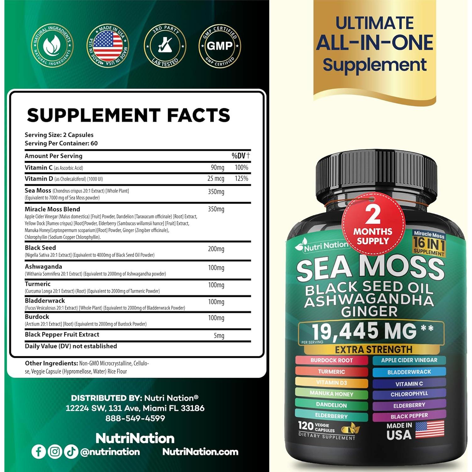 Cápsulas de Musgo Marino Nutri Nation 16 en 1 - 120 Unidades