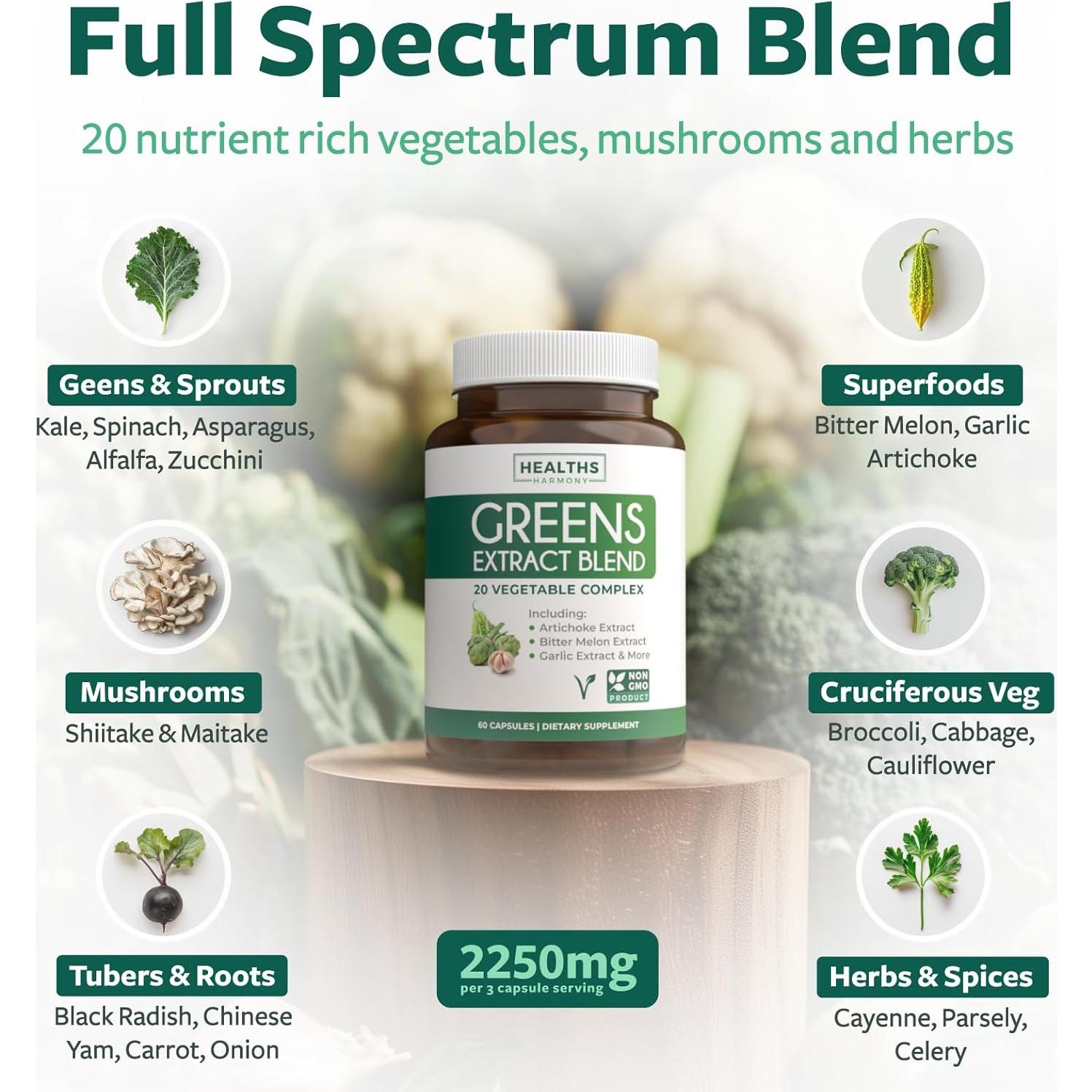 Suplemento Super Greens Healths Harmony 60 Cápsulas 2250mg