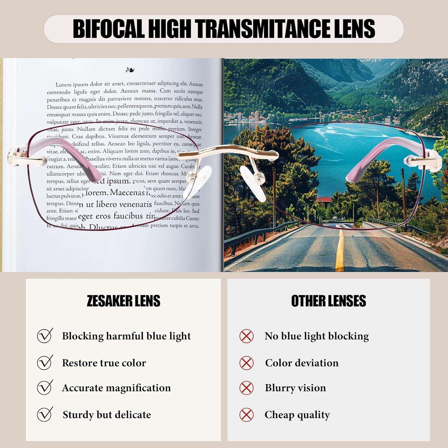 Gafas de lectura bifocal ZESAKER sin montura 1.5x púrpura