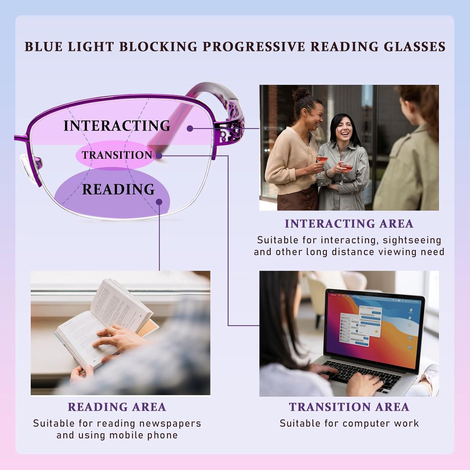 Gafas de lectura multifocal progresivas Metal Púrpura 3.0x