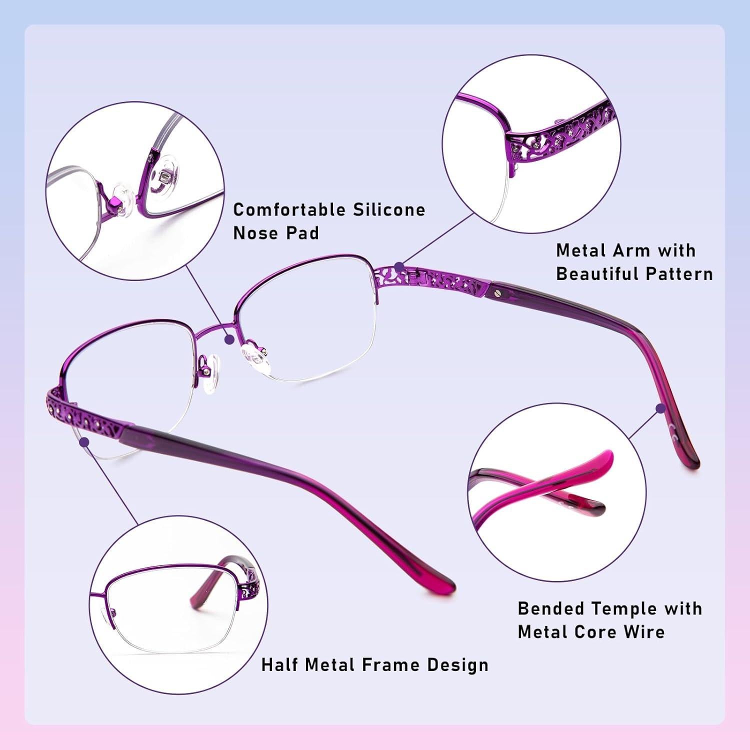 Gafas de lectura multifocal progresivas Metal Púrpura 3.0x