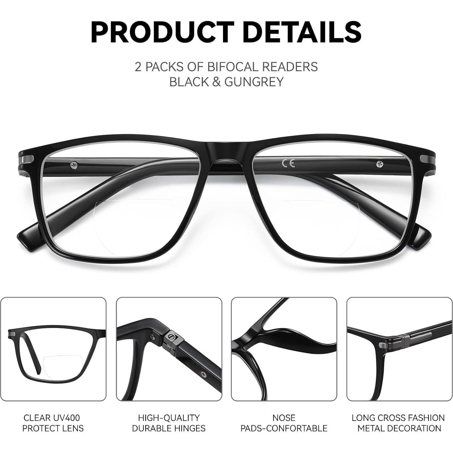 Gafas Bifocales GOGLEAS con Luz Azul y Marco Ancho - 2 Paquetes