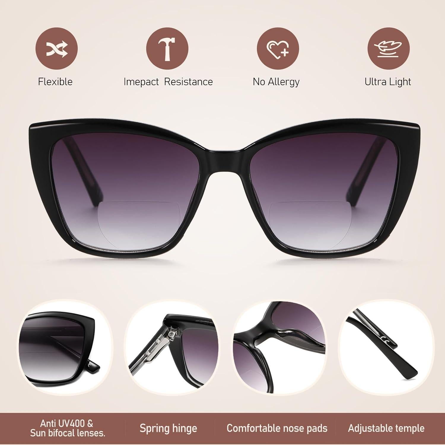 Gafas de sol bifocales PUBOWT estilo gato UV400 2.5D