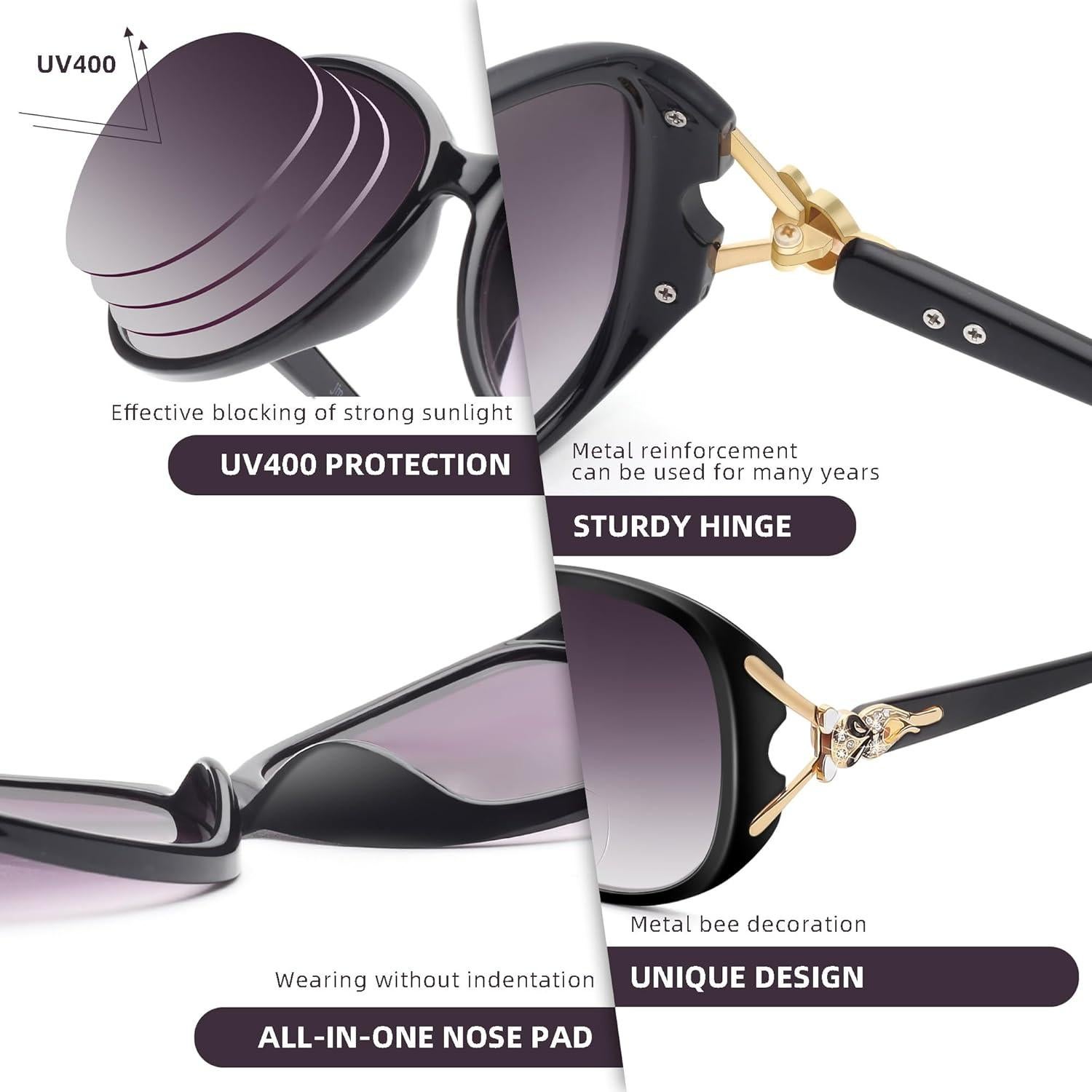 Gafas de Sol Bifocales JM para Lectura Mujeres UV400 Negro +2.75