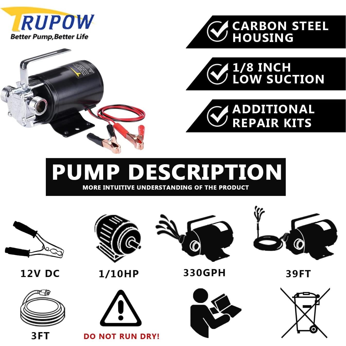 Bomba de Agua Eléctrica Portátil TRUPOW 12V 330GPH Acero Inoxidable