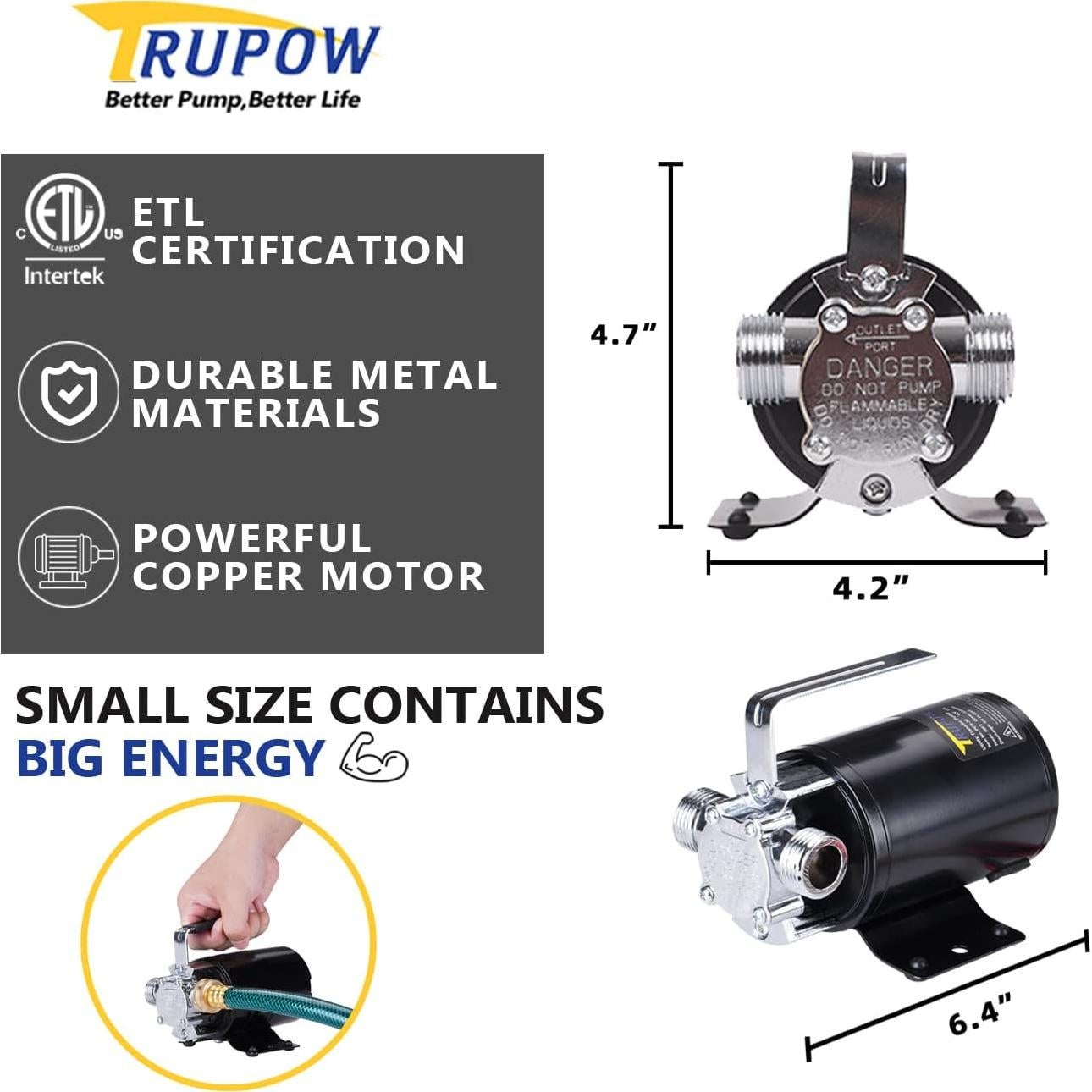 Bomba de Agua Eléctrica Portátil TRUPOW 12V 330GPH Acero Inoxidable