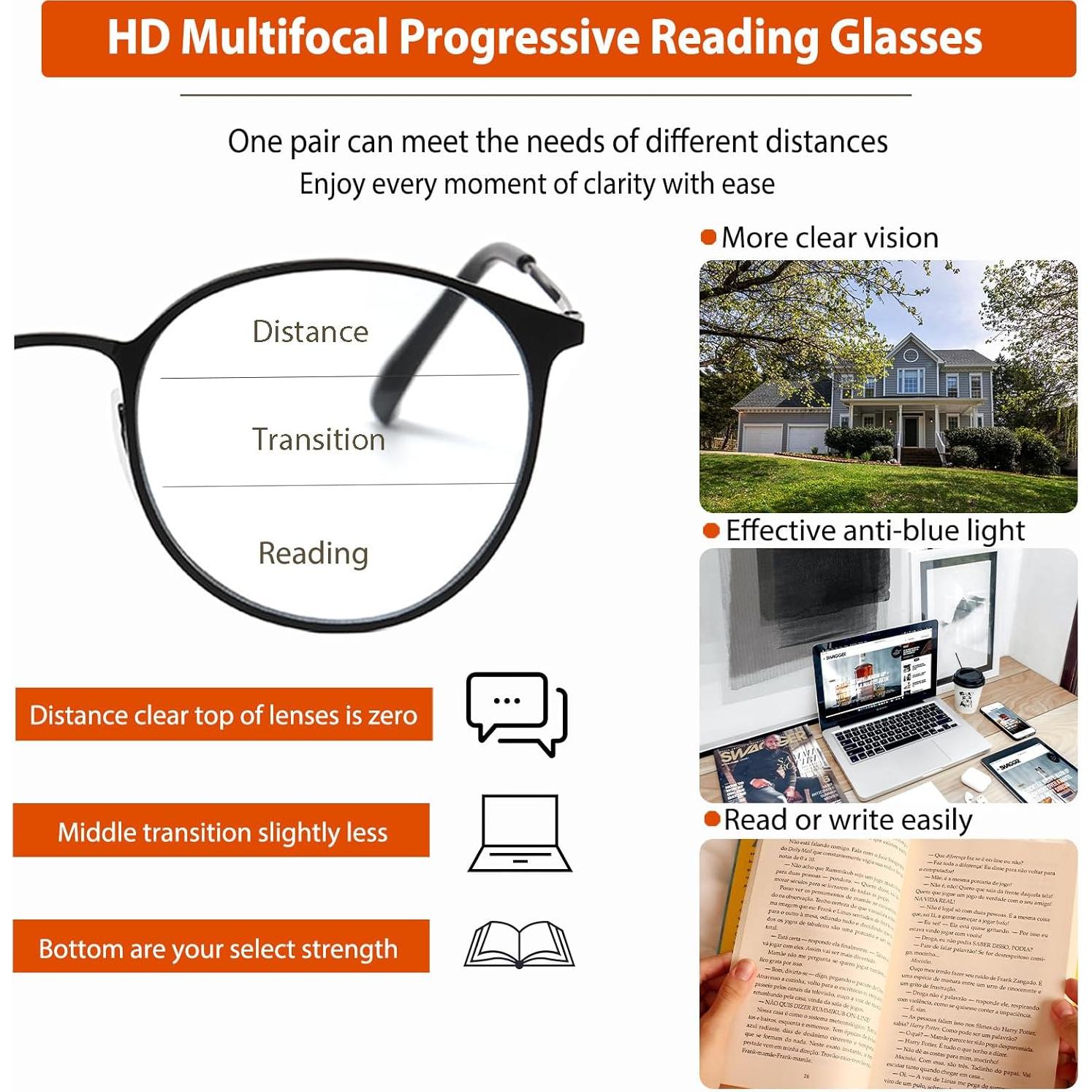 Gafas de lectura progresivas fotochromáticas 2.5x anti luz azul