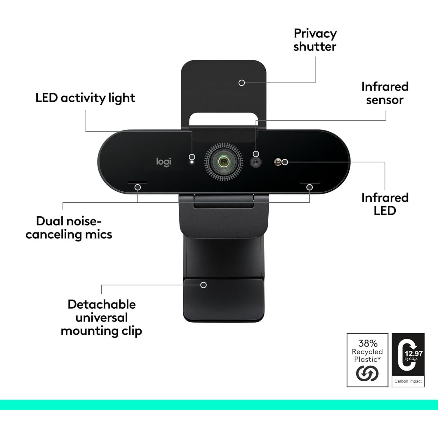 Webcam Logitech Brio PRO X 4K, Micrófono y HD, Negro