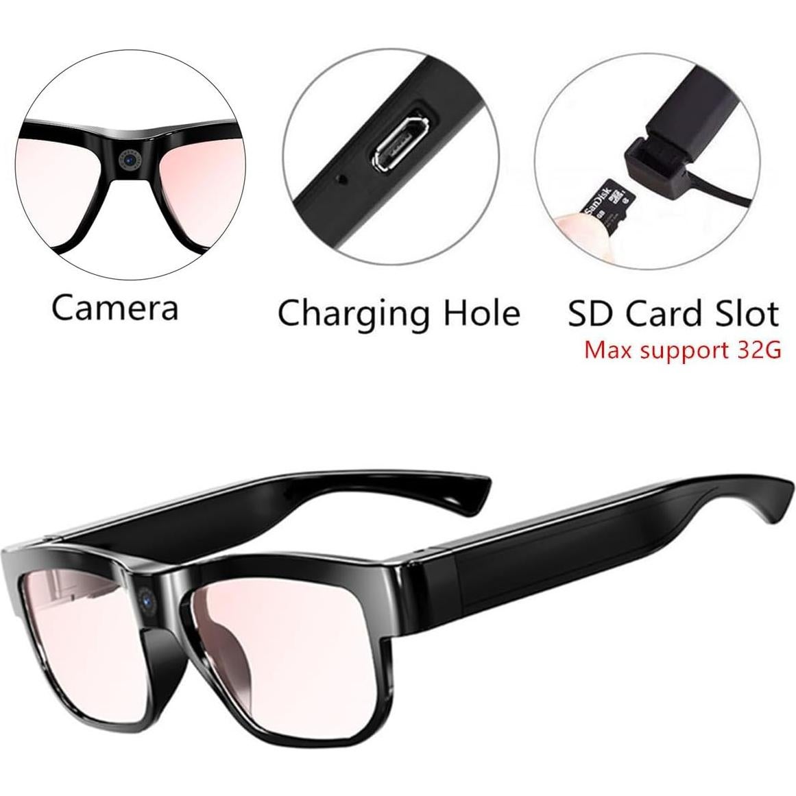 Camera Glasses Smart Glasses with Camera Outdoor Video Recording Wearable Black Glasses for Men Women adpot USB Port for Driving Riding Training Hiking