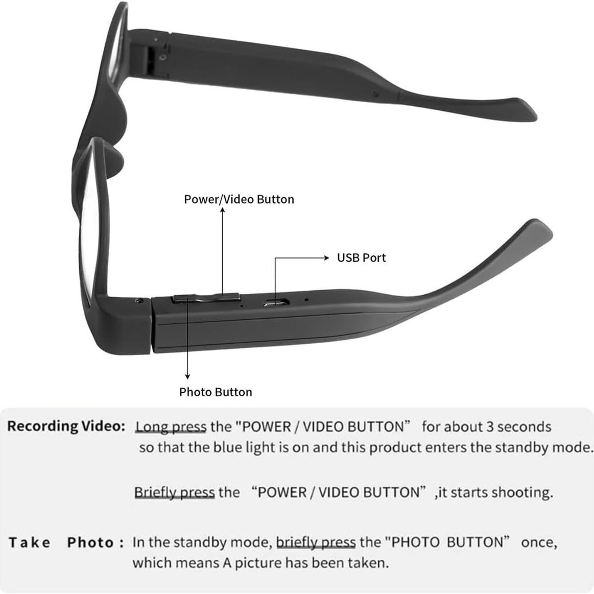 Camera Glasses Smart Glasses with Camera Outdoor Video Recording Wearable Black Glasses for Men Women adpot USB Port for Driving Riding Training Hiking