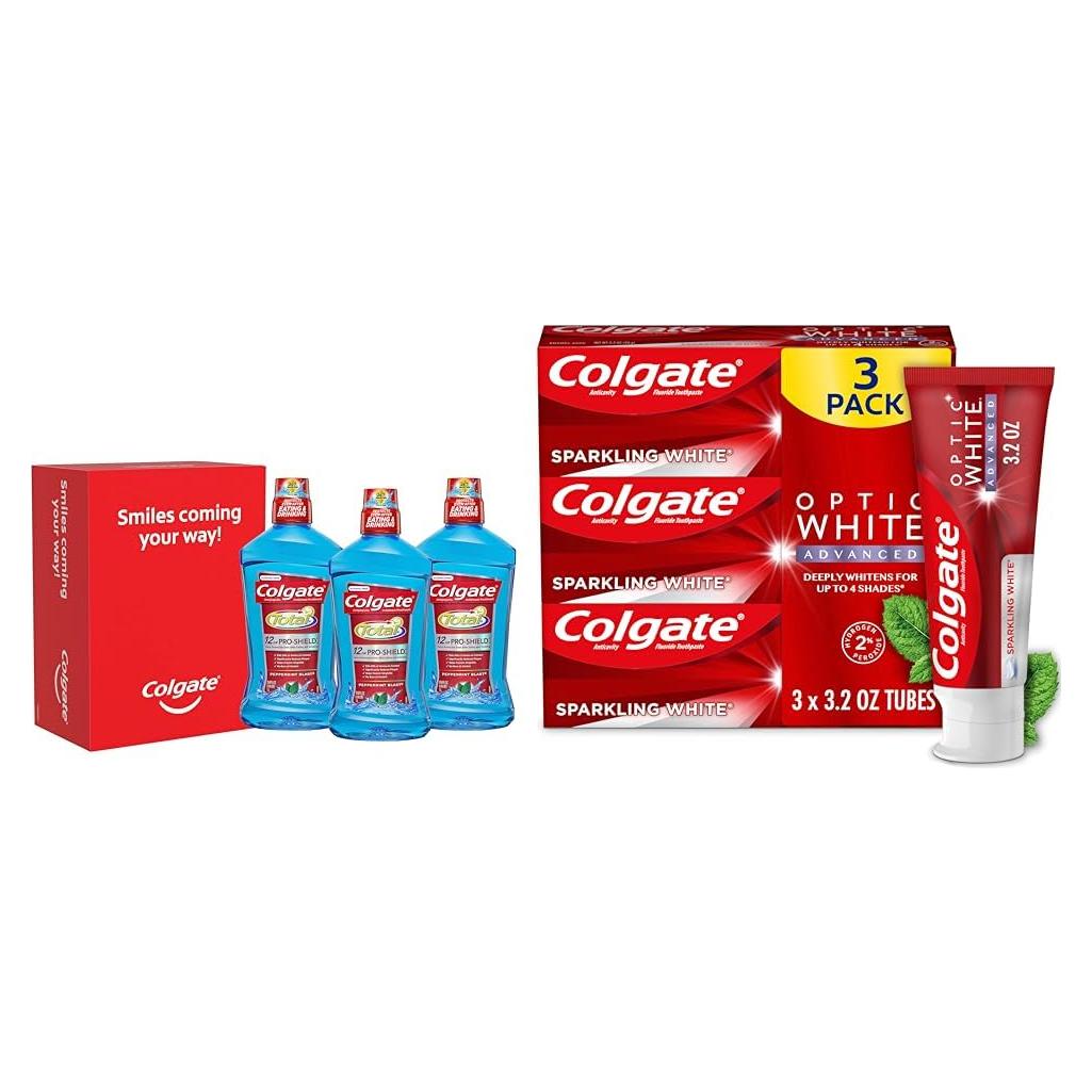 Colgate Total Enjuague Bucal Sin Alcohol Menta 1L Paquete 3 + Pasta Blanqueadora 90g