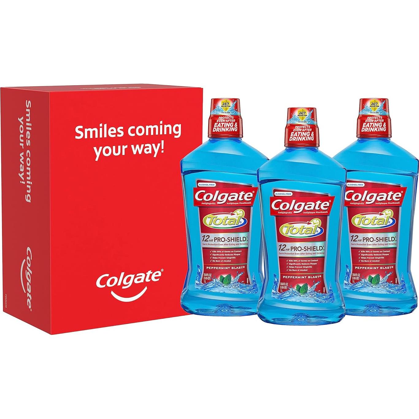 Colgate Total Enjuague Bucal Sin Alcohol Menta 1L Paquete 3 + Pasta Blanqueadora 90g