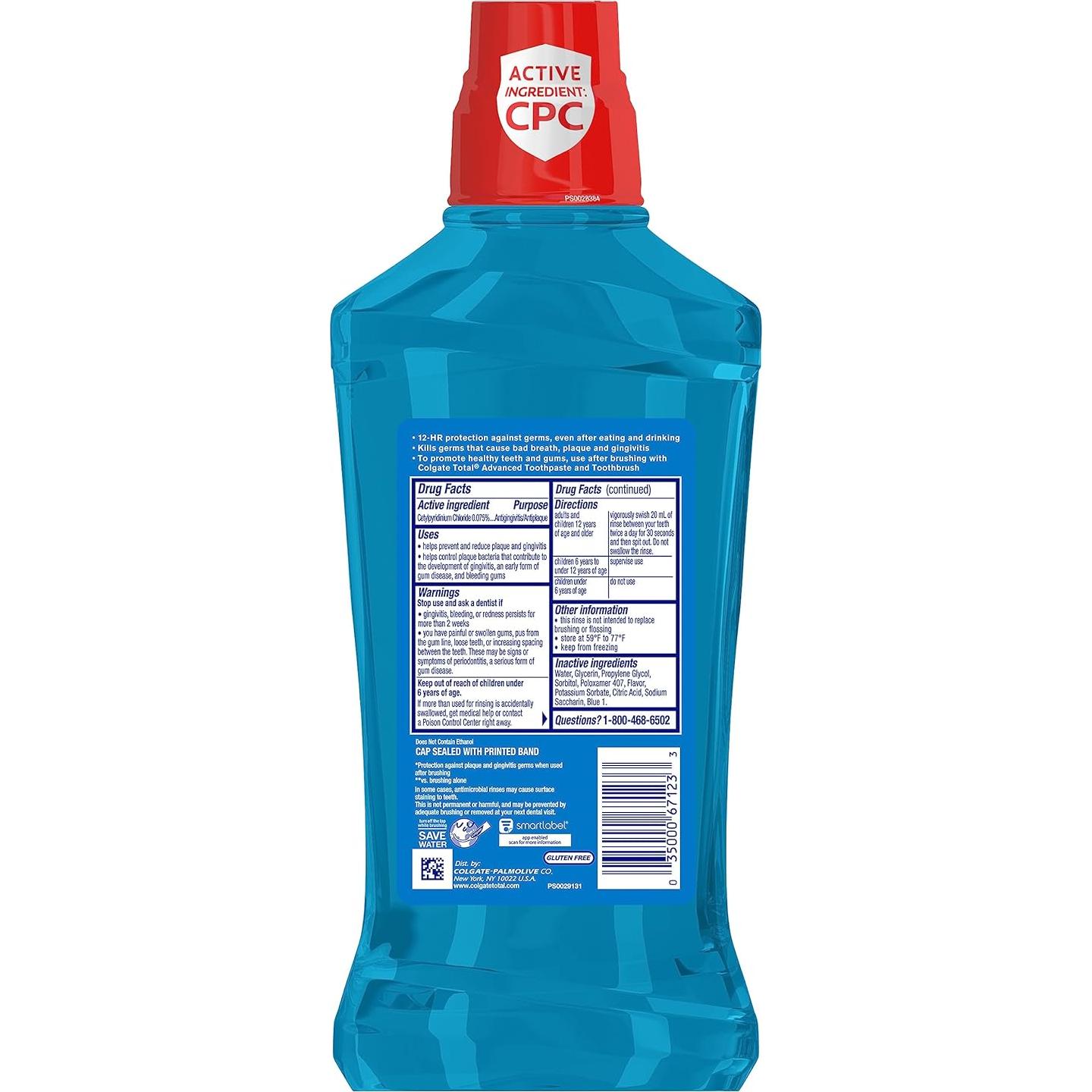 Colgate Total Enjuague Bucal Sin Alcohol Menta 1L Paquete 3 + Pasta Blanqueadora 90g