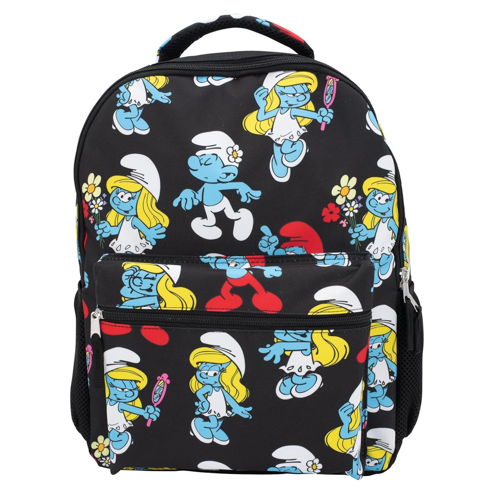 Mochila Escolar Pitufos 16" Negra con Bolsillo Frontal