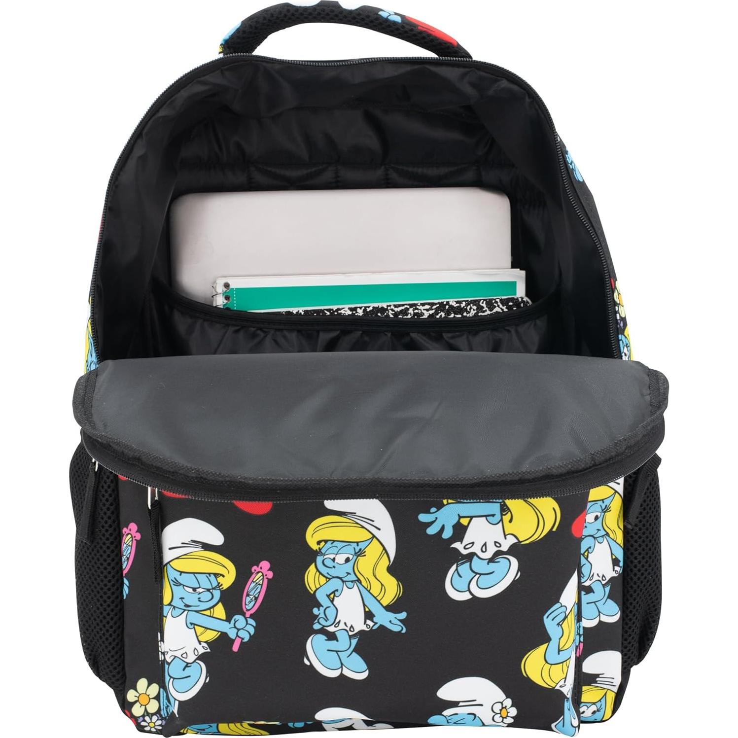 Mochila Escolar Pitufos 16" Negra con Bolsillo Frontal