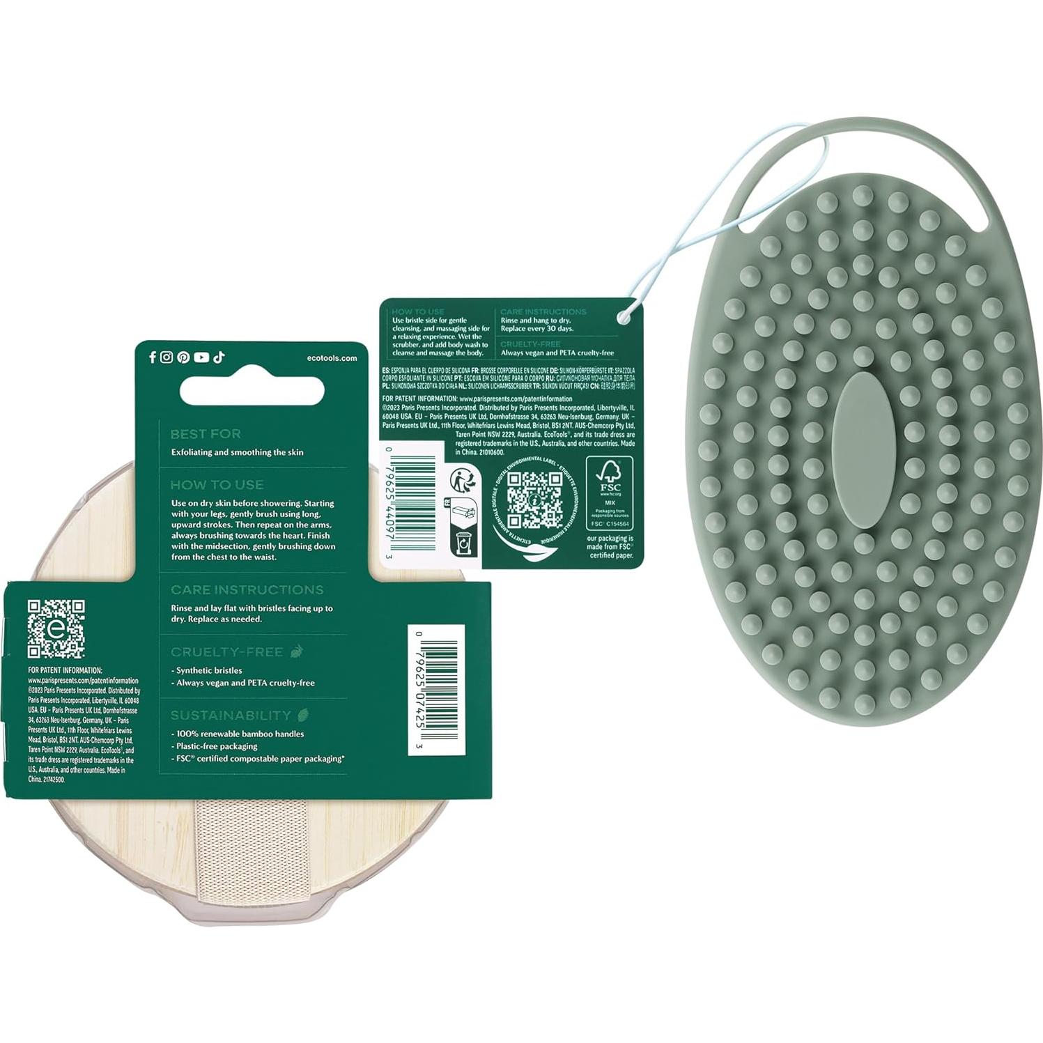 Cepillo Corporal Seco EcoTools + Exfoliante Silicona Verde