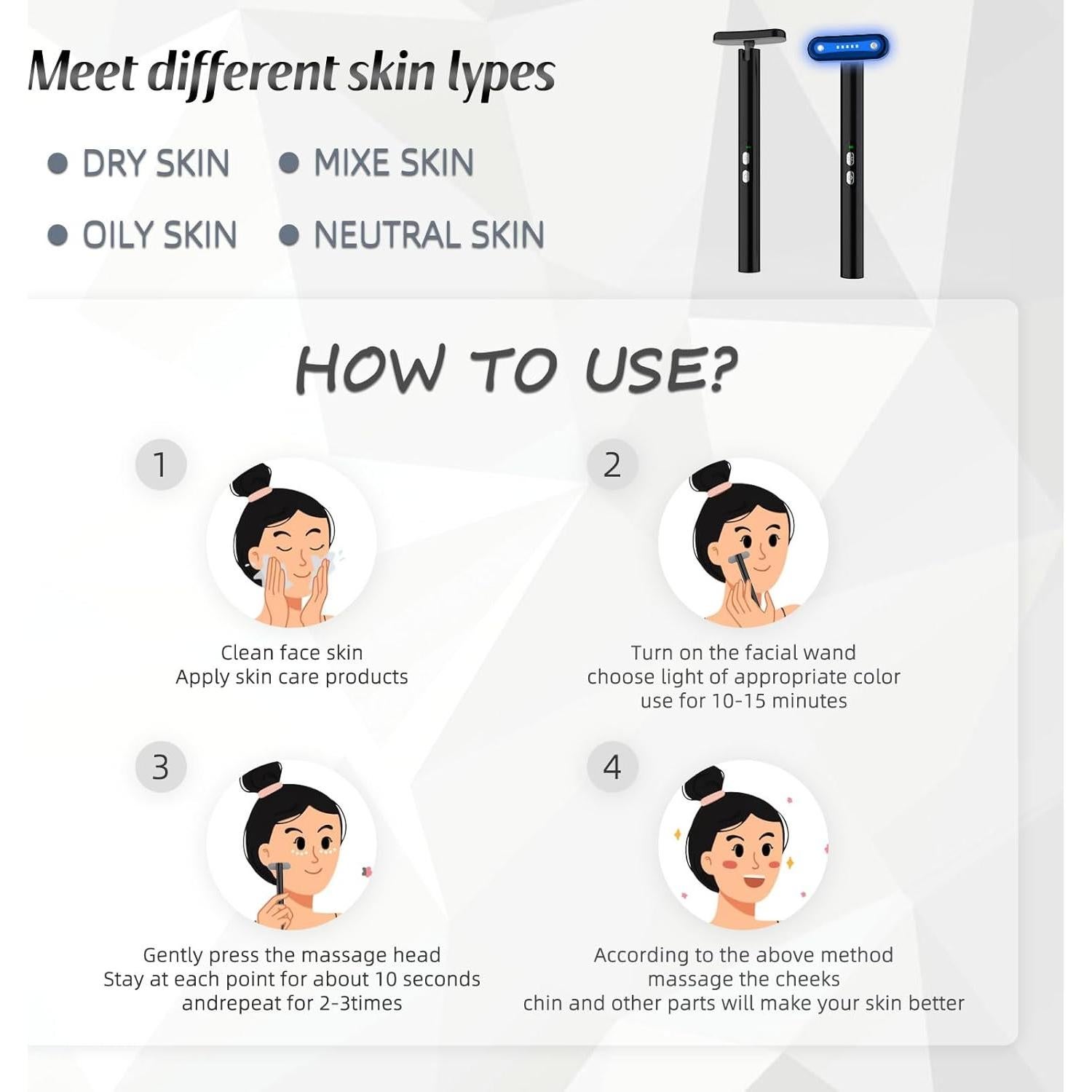 Varita Facial LED 7 Colores - Cuidado de Piel - Negro