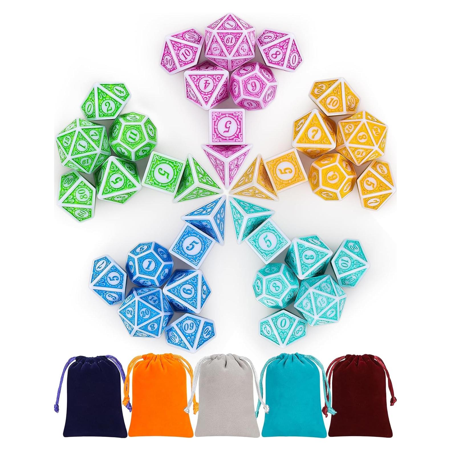 Dados Poliedricos CiaraQ 35 Piezas con 5 Bolsas