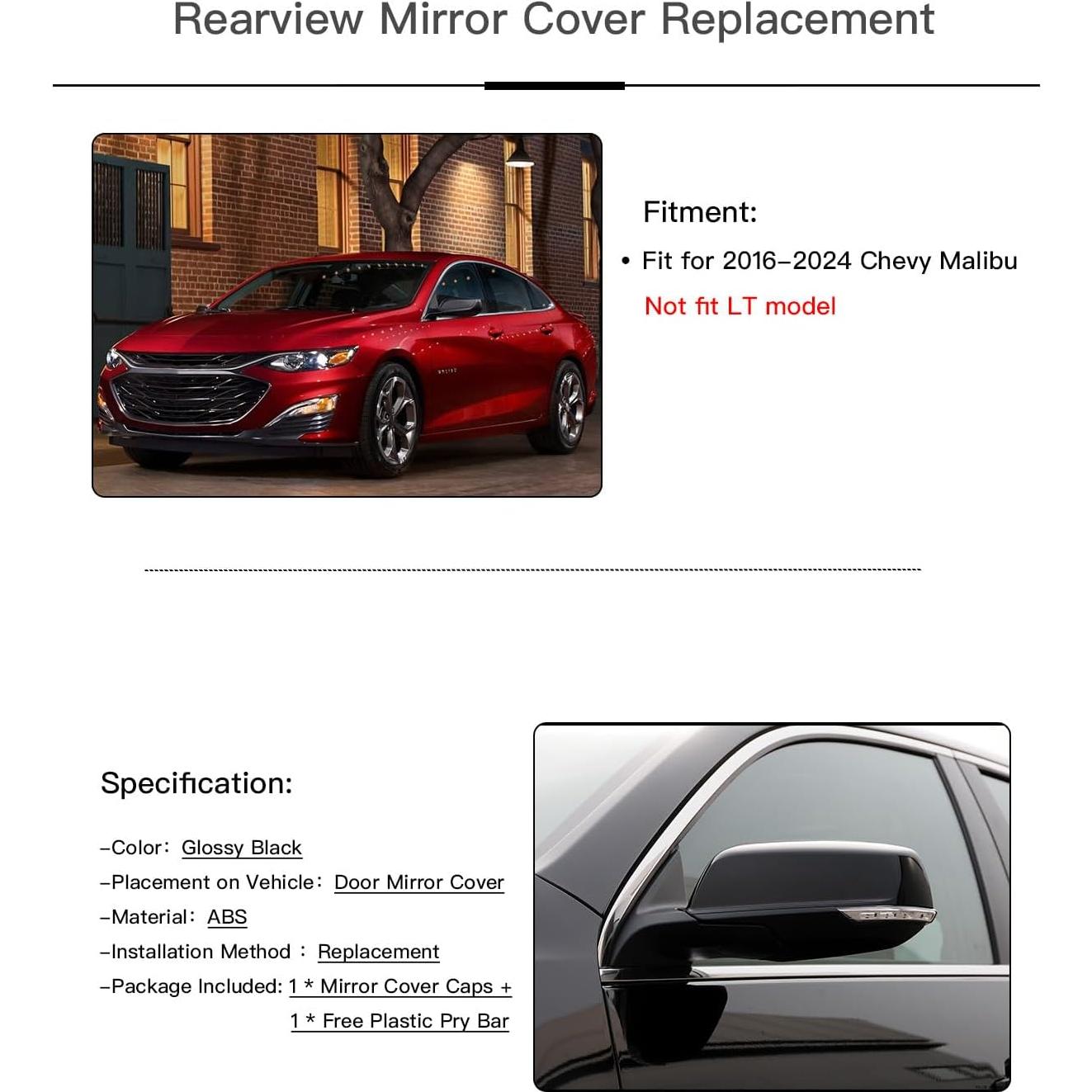 Cubierta Espejo Retrovisor Lado Pasajero Chevrolet Malibu 2016-2024 Negro Brillante