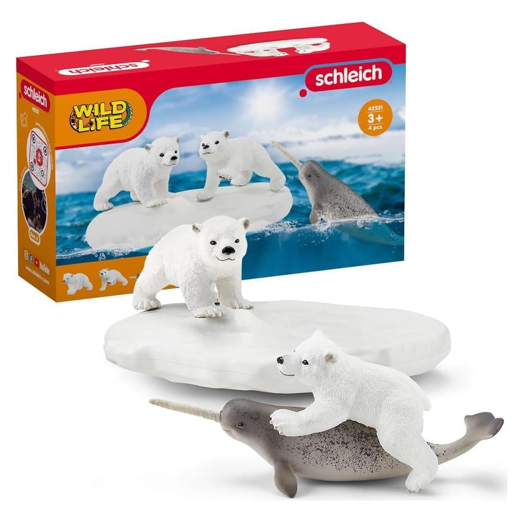 Schleich Wild Life 4pc. Polar Playground with Polar Bear Cub and Narwhal Figurines - Highly Detailed Polar Playset, Durable for Education and Fun Play, Perfect for Boys and Girls, Ages 3+