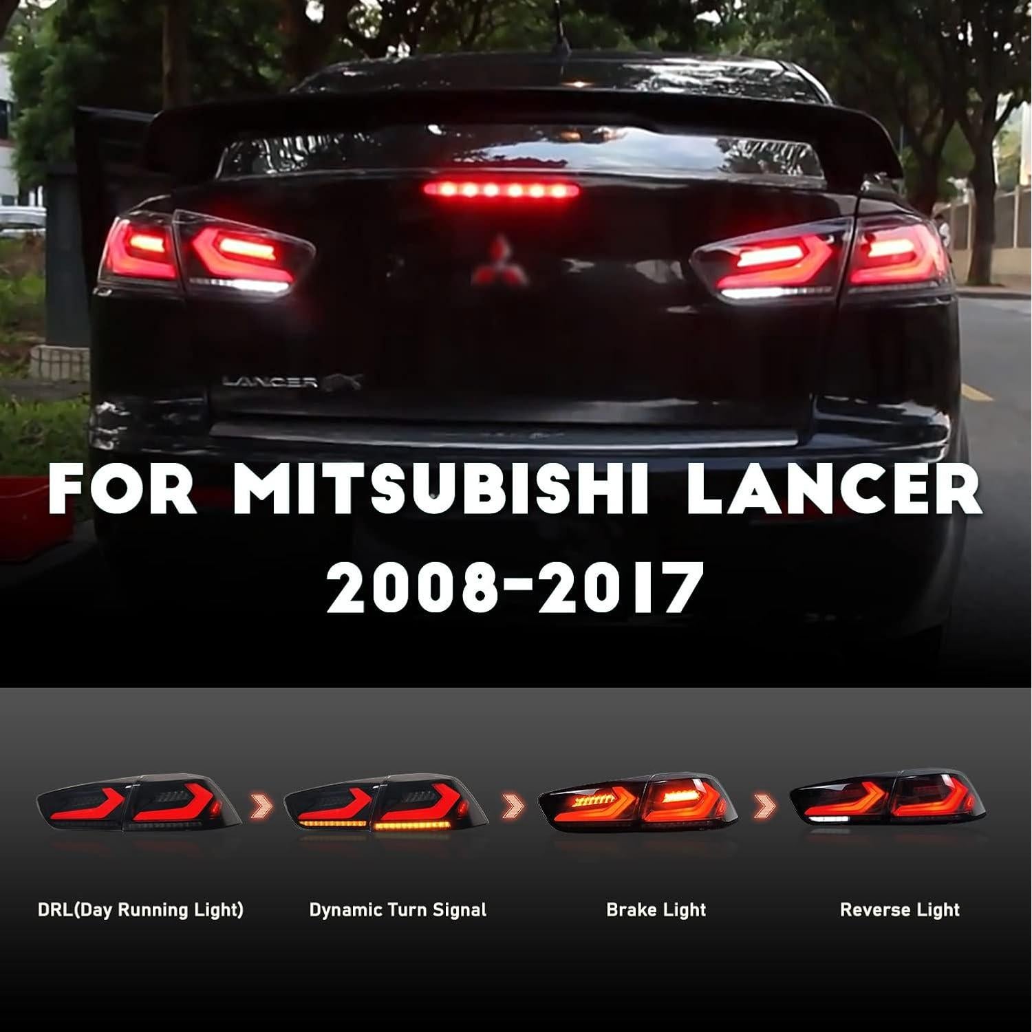 HCmotion LED Tail lights Assembly for Mitsubishi Lancer EVO X 2008-2020,Tail Lamp Assembly with Start Up Animation,Full LED with Sequential Turn Signal,Plug-and-play (V2-Smoked)