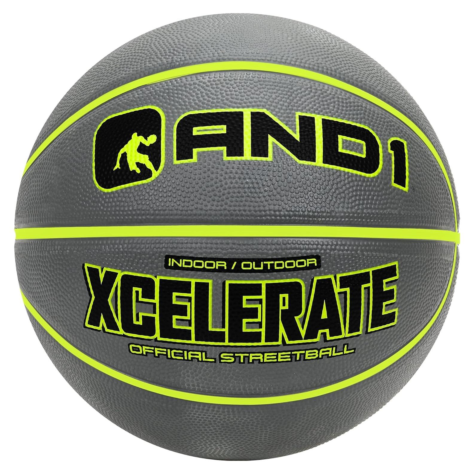 AND1 Xcelerate Rubber Basketball (Two-Tone Series)- Official Size 7 (29.5”) Streetball, Made for Indoor and Outdoor Basketball Games (Grey/Volt)