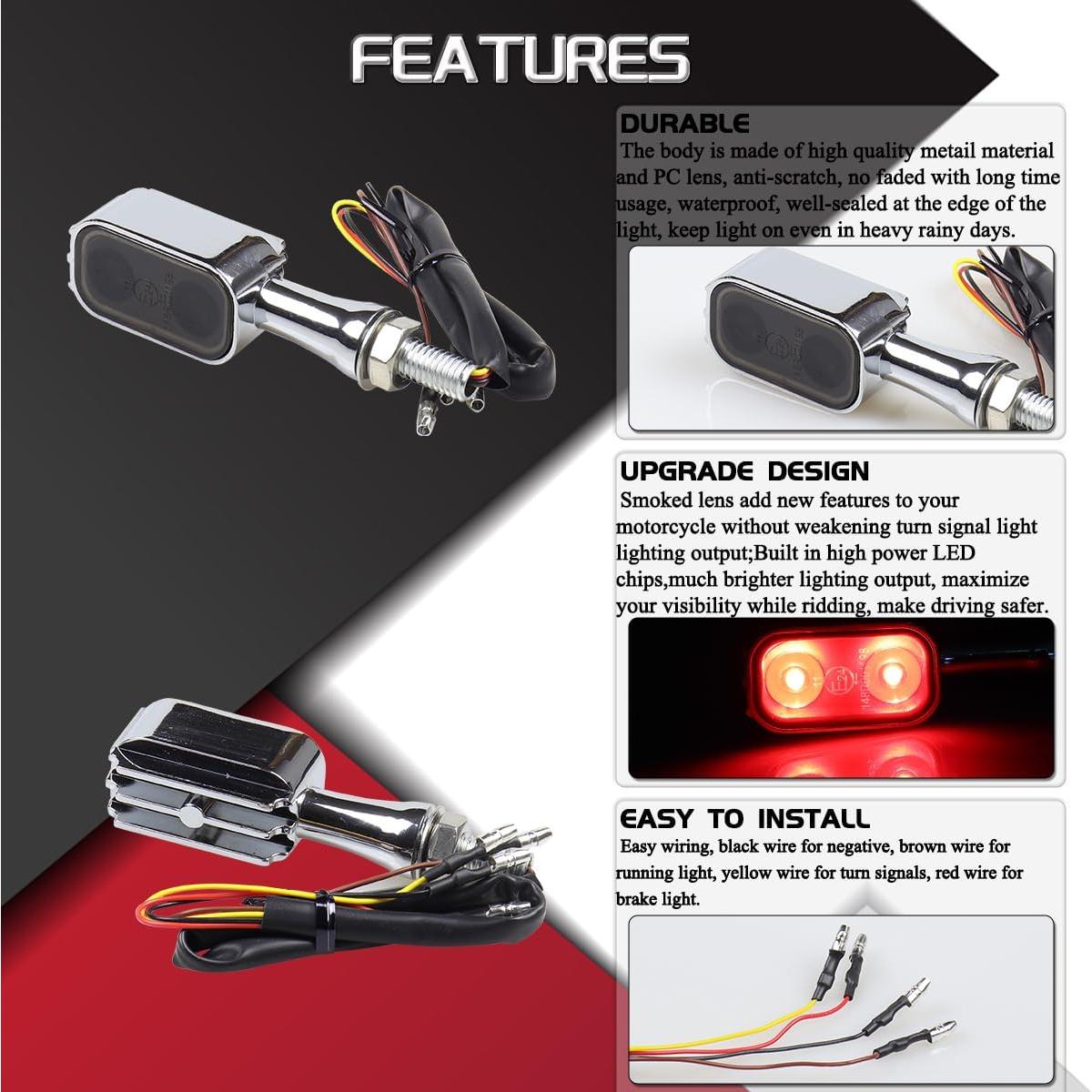 Universal Chrome Rear LED Turn Signals 12V Motorcycle LED Tail Lights Red Brake Taillights Compatible with Honda Grom Suzuki Yamaha MT09 Triumph Kawasaki Harley Sportster Chopper Bob