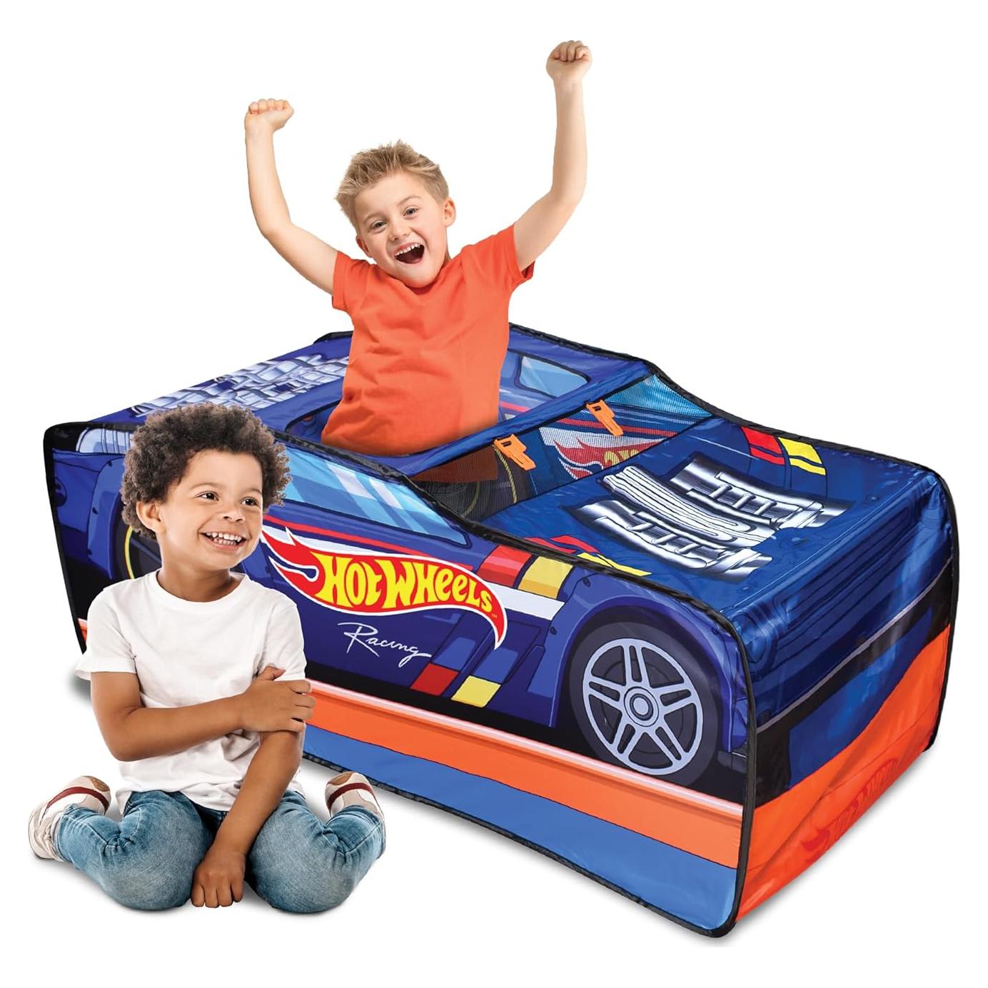 Hot Wheels™ Pop Up Play Tent, Playhouse for Boys, Race Car Tent with Connections for Hot Wheels Tracks, Indoor Playspace with Roll-Up Door & Roof Opening, Easy Setup, Folds Flat for Storage